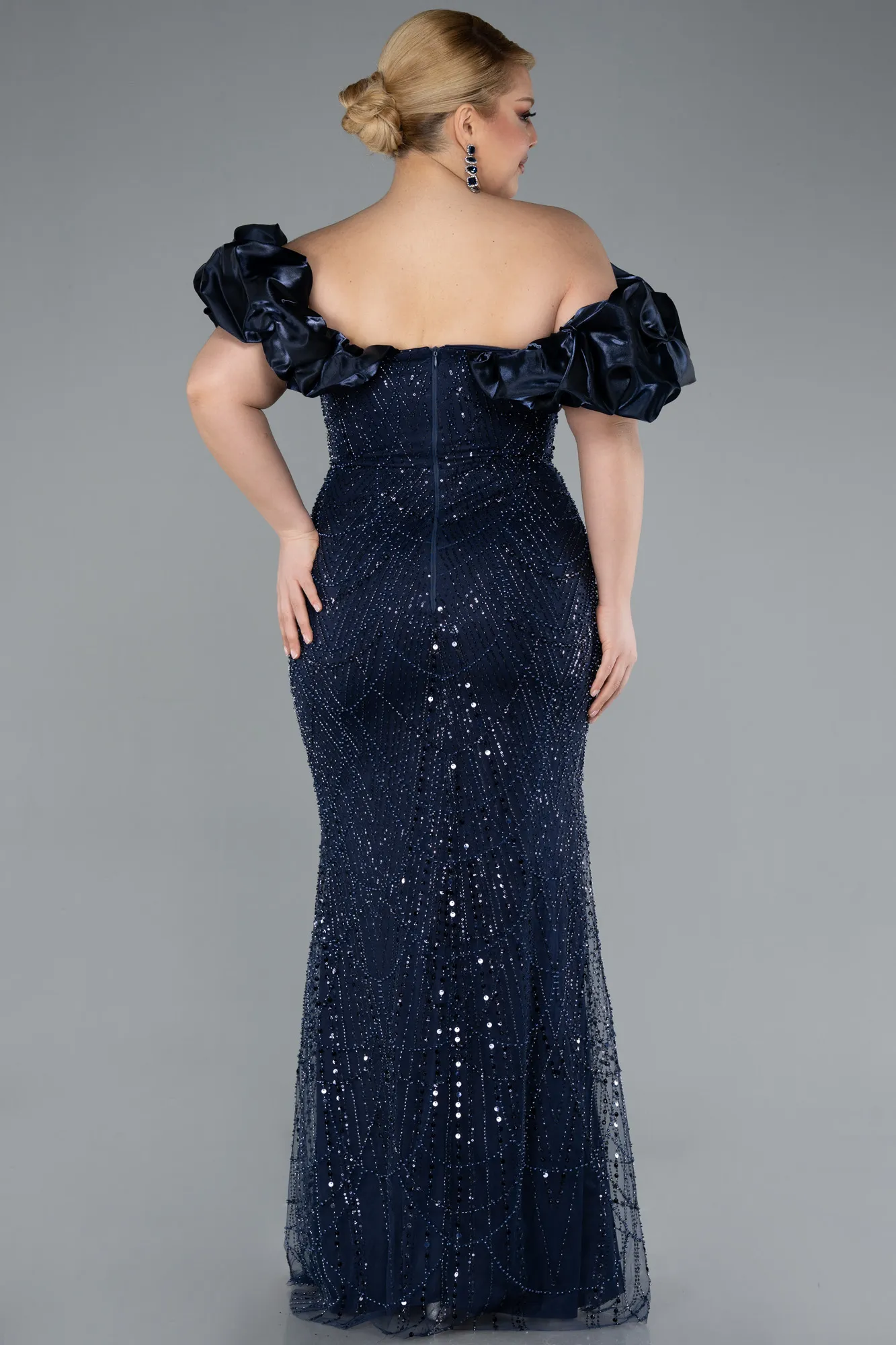 Navy Blue-Long Beaded Plus Size Engagement Dress ABU4788