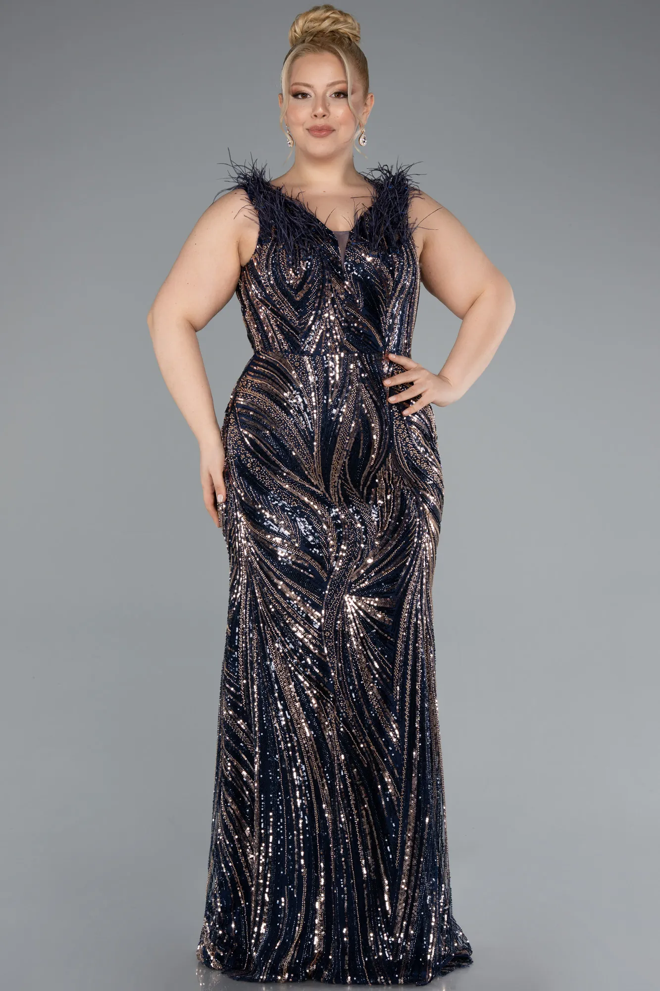 Navy Blue-Long Beaded Plus Size Engagement Dress ABU4940