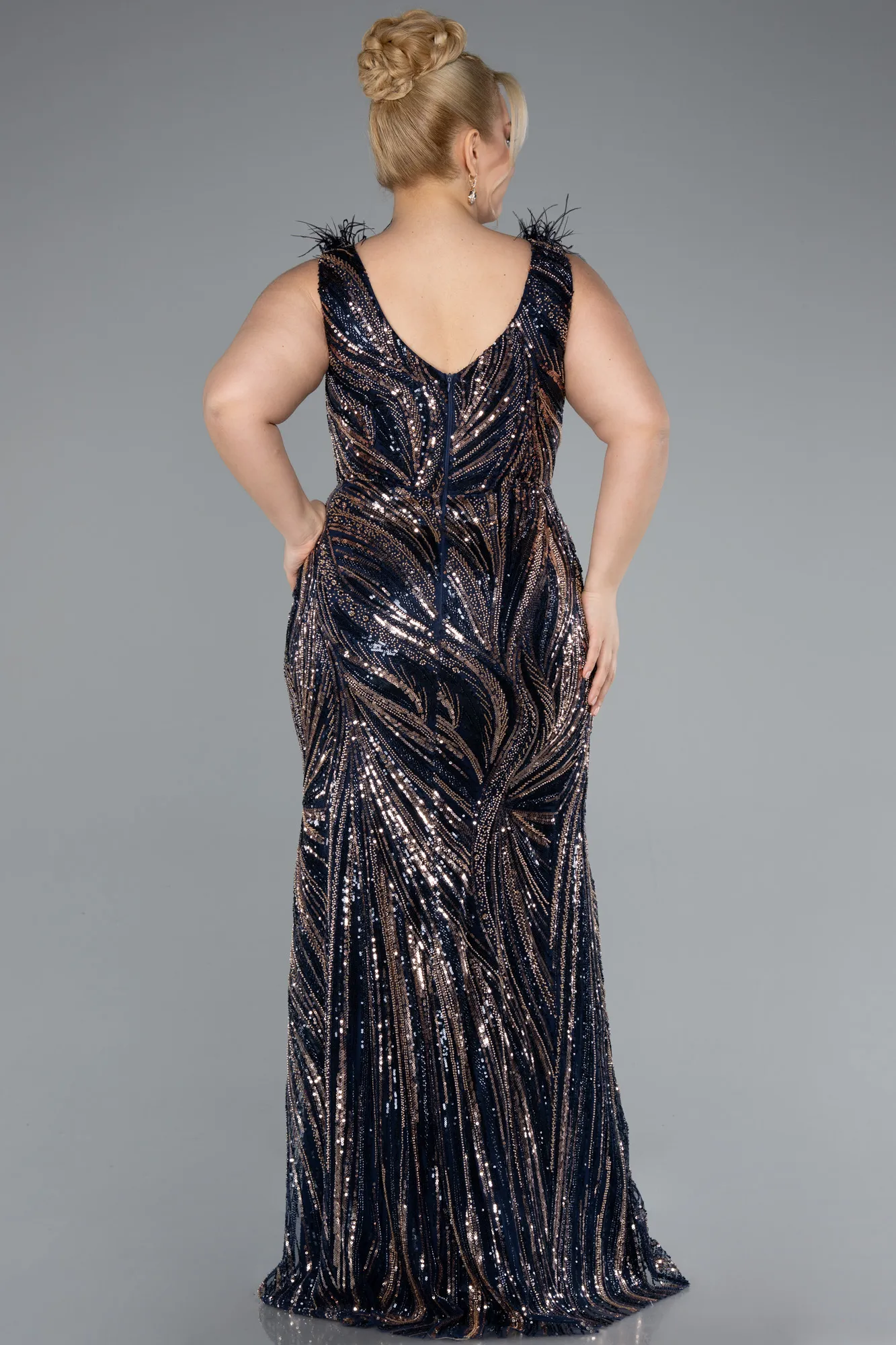 Navy Blue-Long Beaded Plus Size Engagement Dress ABU4940