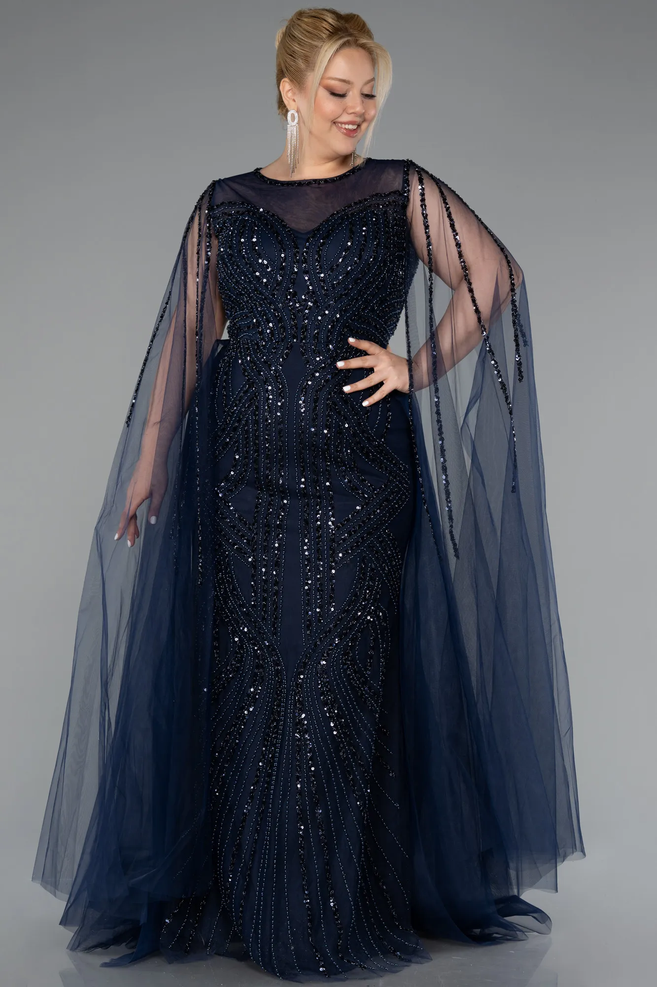 Navy Blue-Long Beaded Plus Size Engagement Dress ABU5050