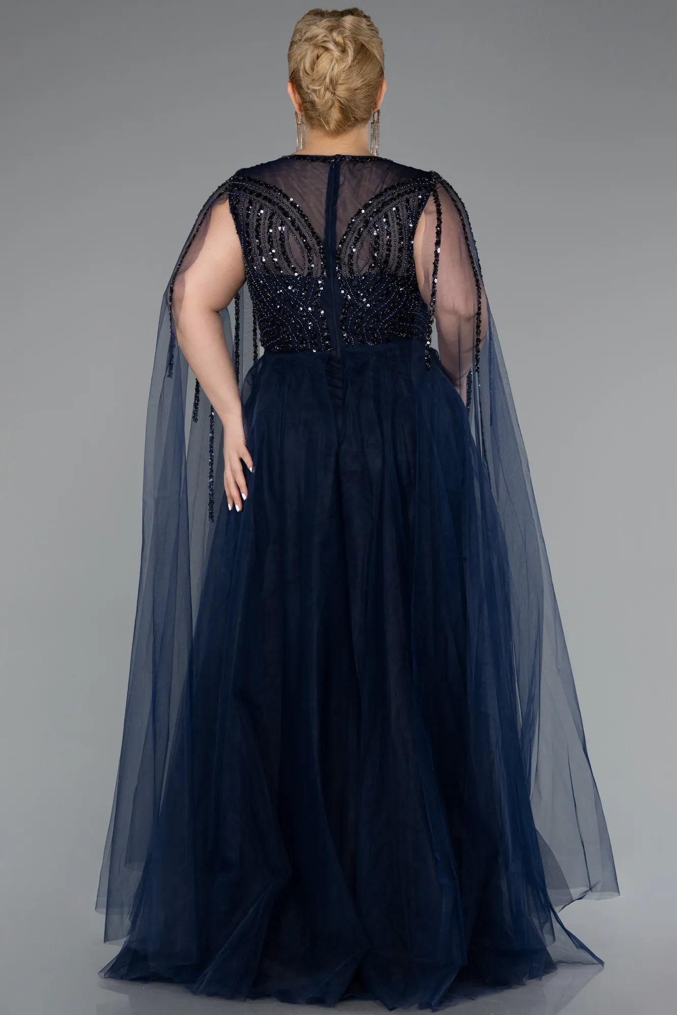 Navy Blue-Long Beaded Plus Size Engagement Dress ABU5050