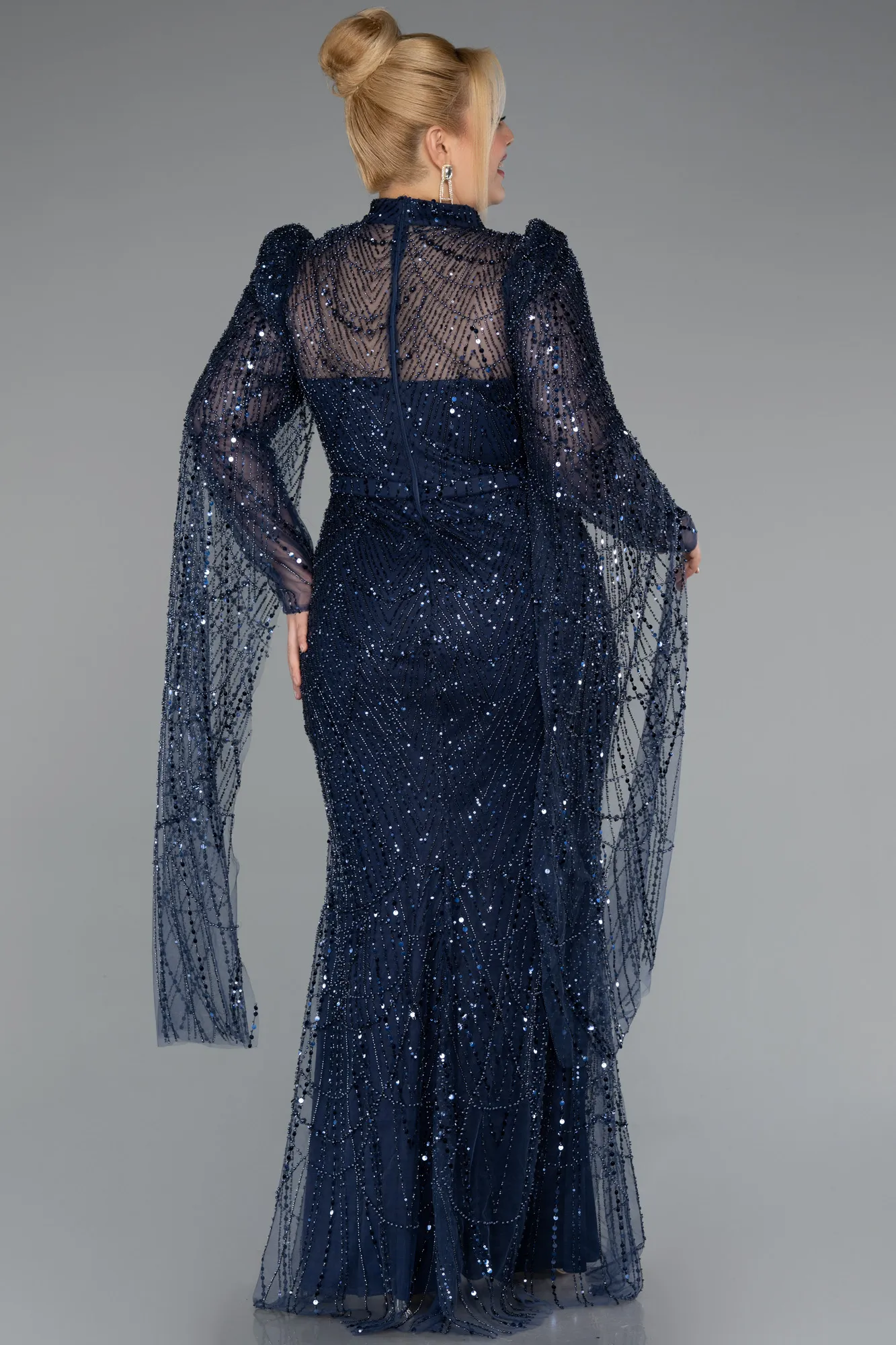 Navy Blue-Long Beaded Plus Size Engagement Dress ABU5153