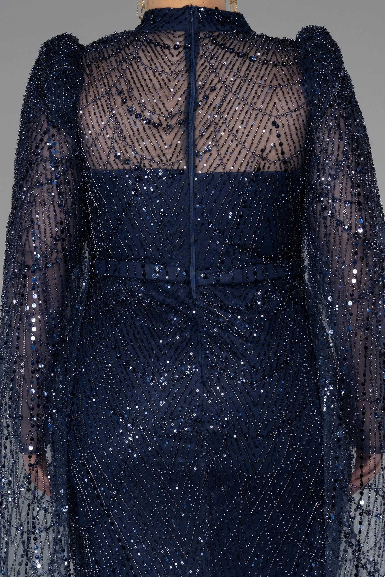 Navy Blue-Long Beaded Plus Size Engagement Dress ABU5153