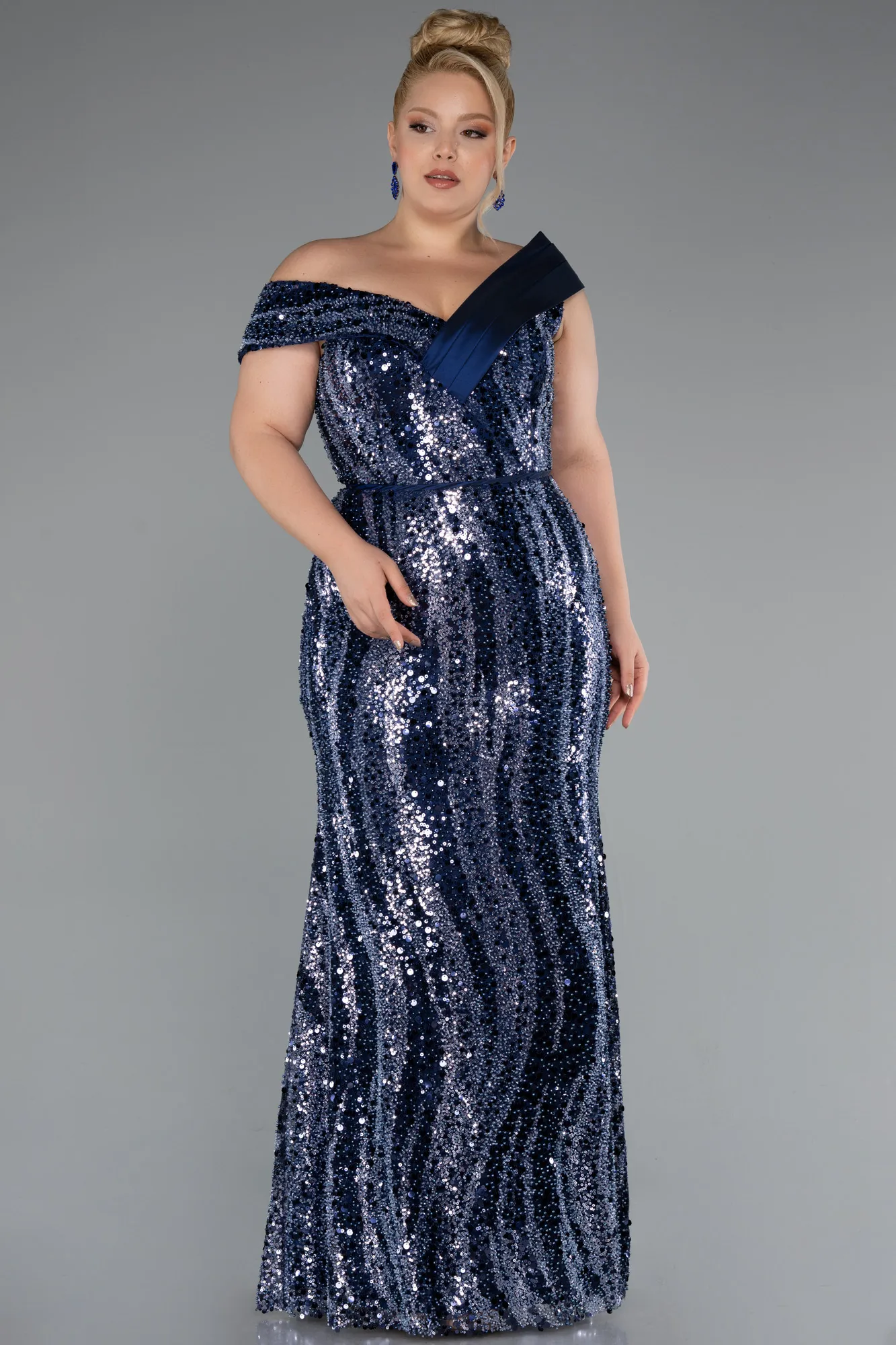 Navy Blue-Long Beaded Plus Size Engagement Dress ABU5191