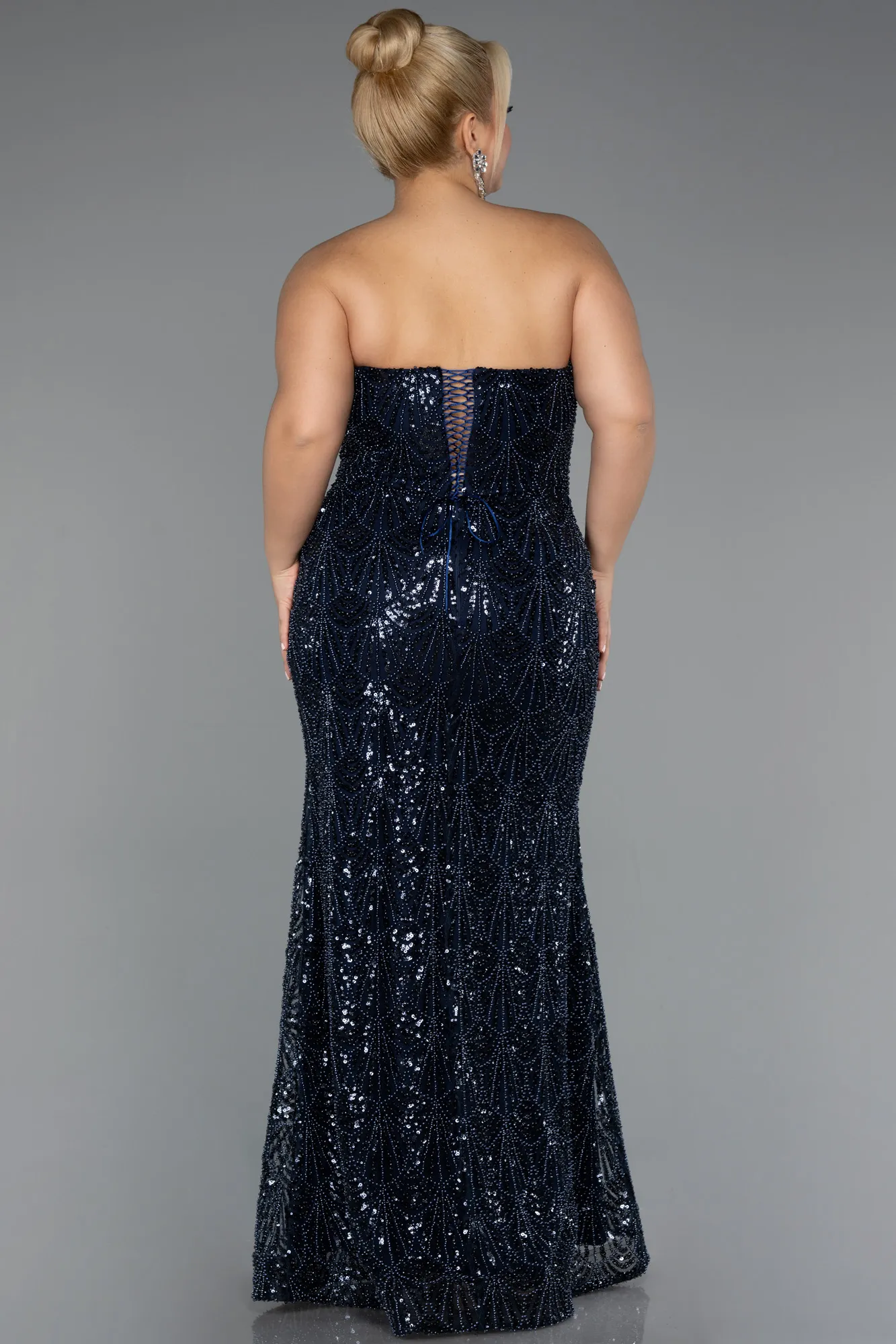 Navy Blue-Long Beaded Plus Size Engagement Dress ABU5347