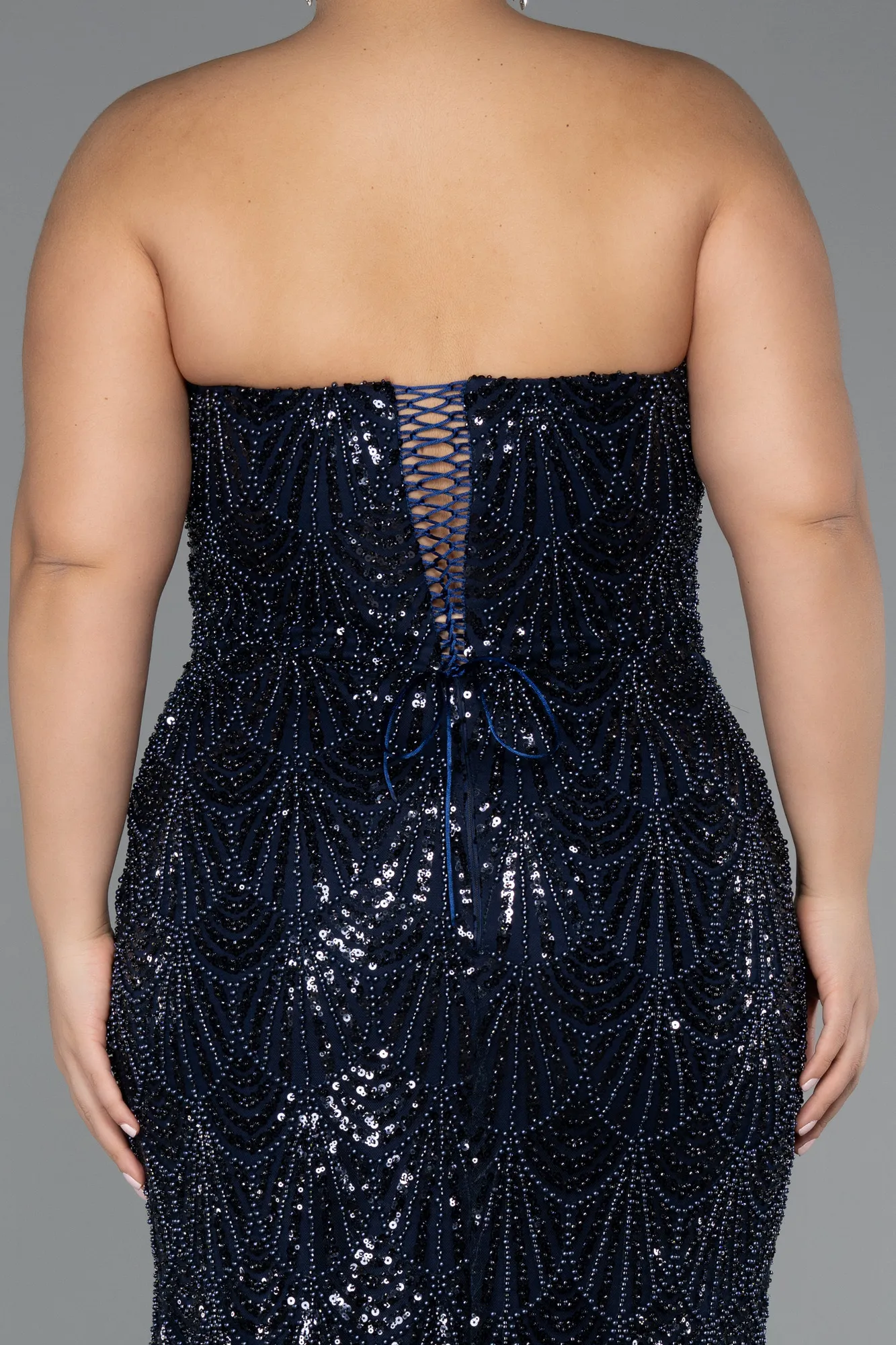 Navy Blue-Long Beaded Plus Size Engagement Dress ABU5347