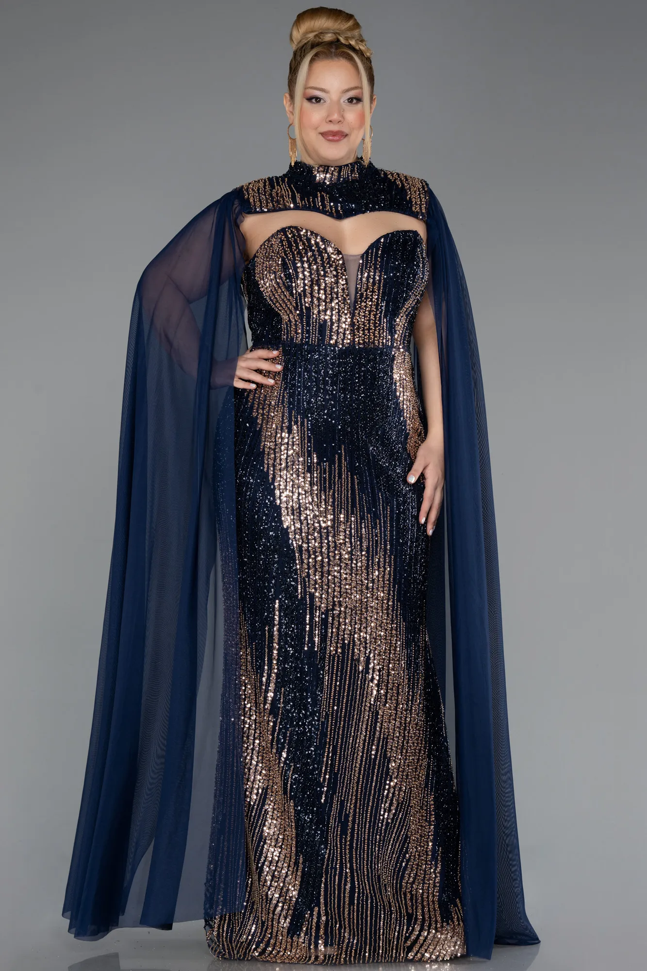 Navy Blue-Long Beaded Plus Size Engagement Dress ABU5505