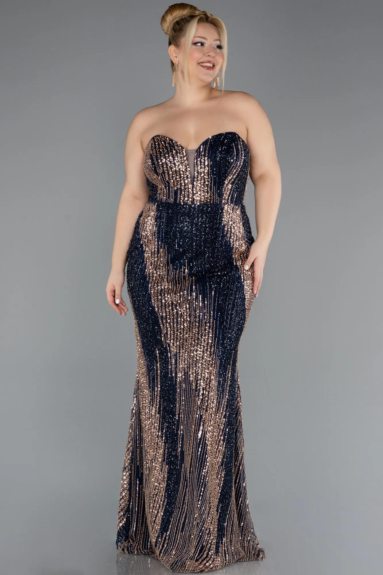 Navy Blue-Long Beaded Plus Size Engagement Dress ABU5505