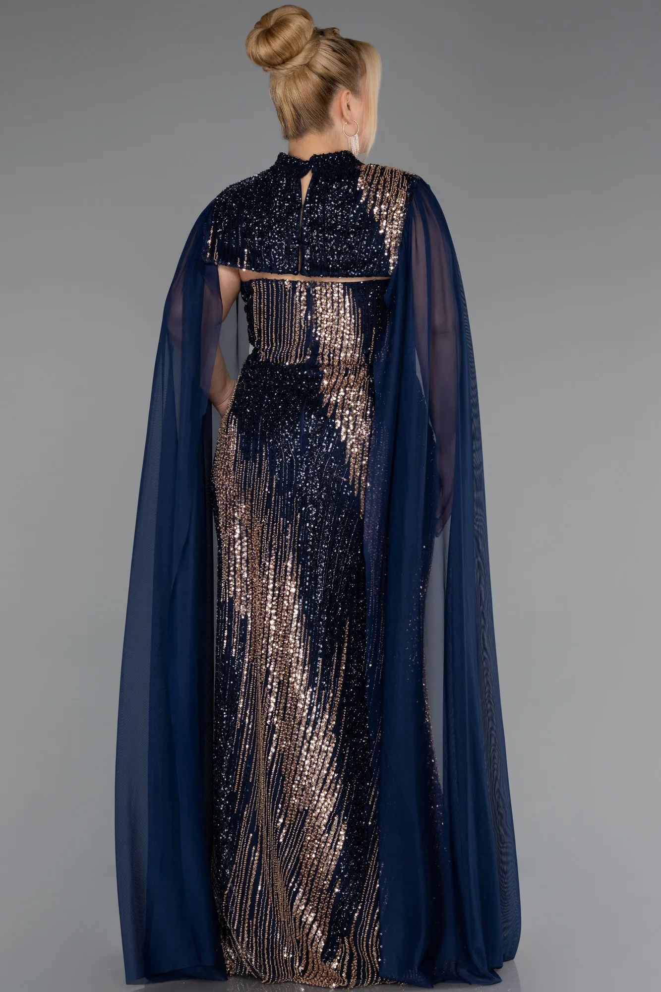 Navy Blue-Long Beaded Plus Size Engagement Dress ABU5505