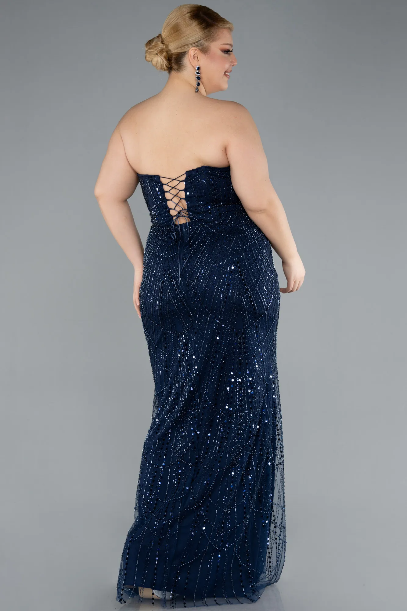Navy Blue-Long Beaded Plus Size Evening Dress ABU4789
