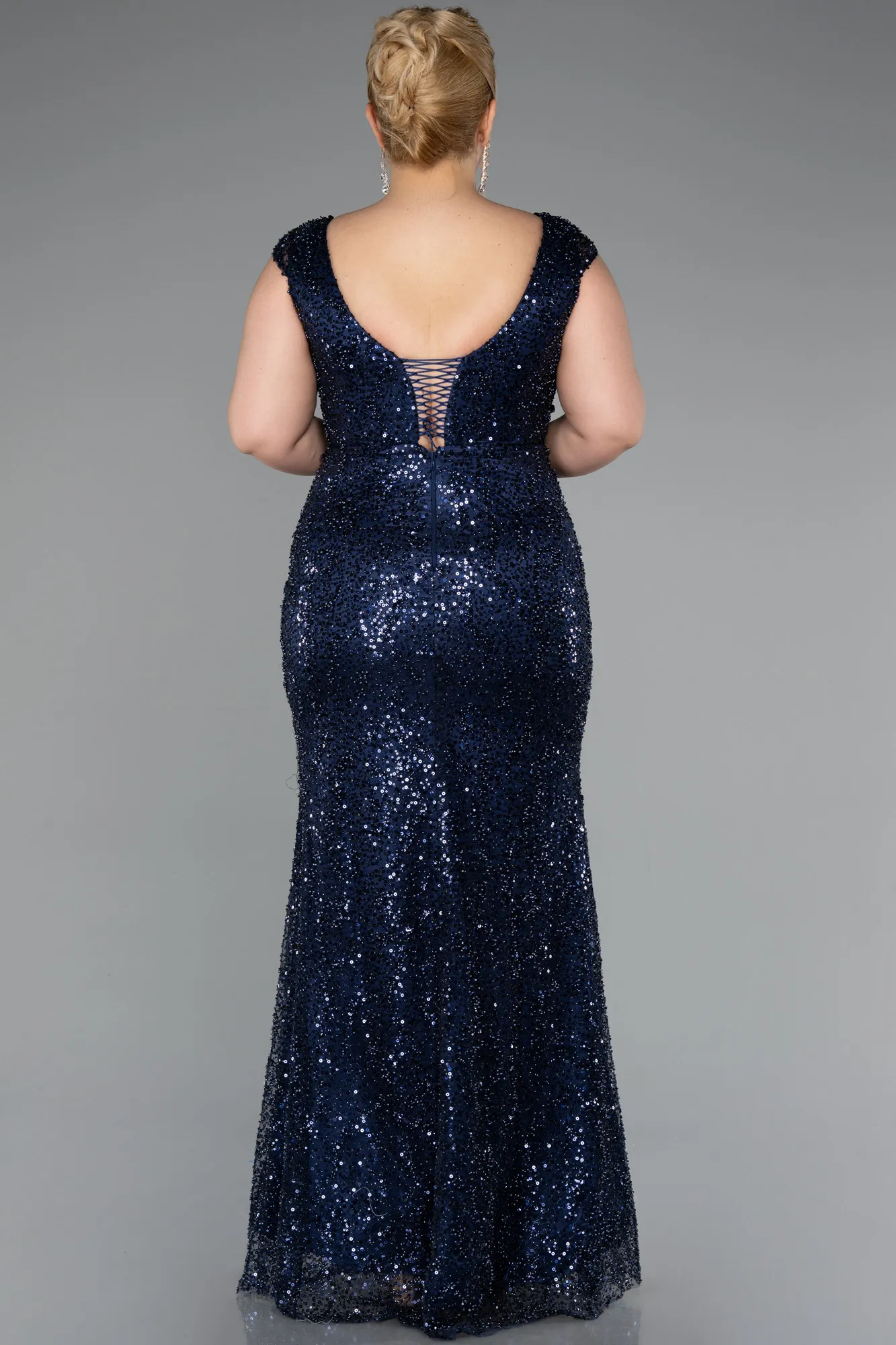 Navy Blue-Long Beaded Plus Size Evening Dress ABU5089