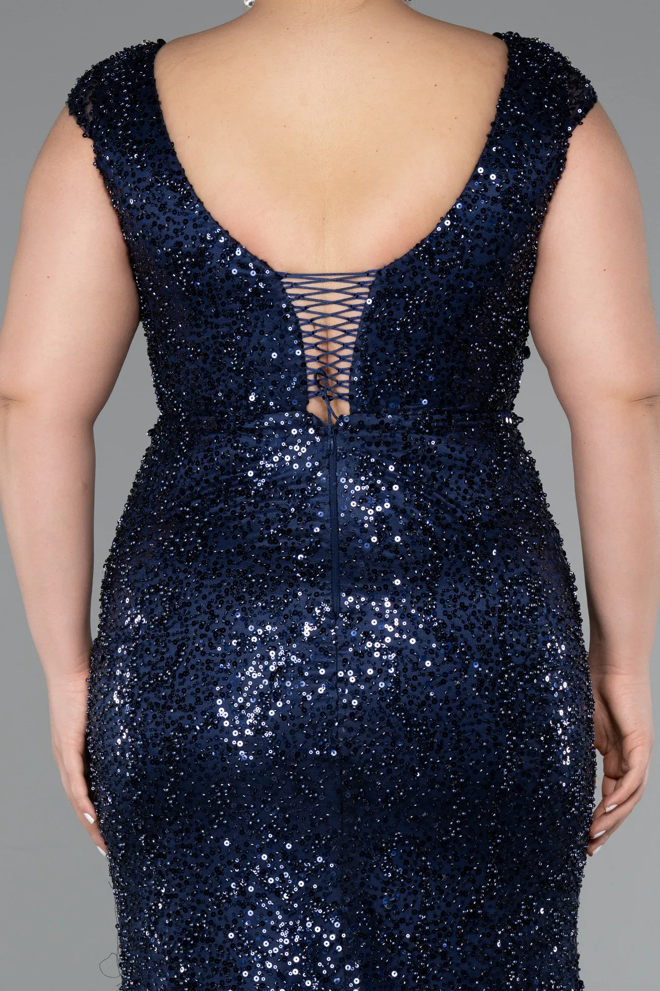 Navy Blue-Long Beaded Plus Size Evening Dress ABU5089