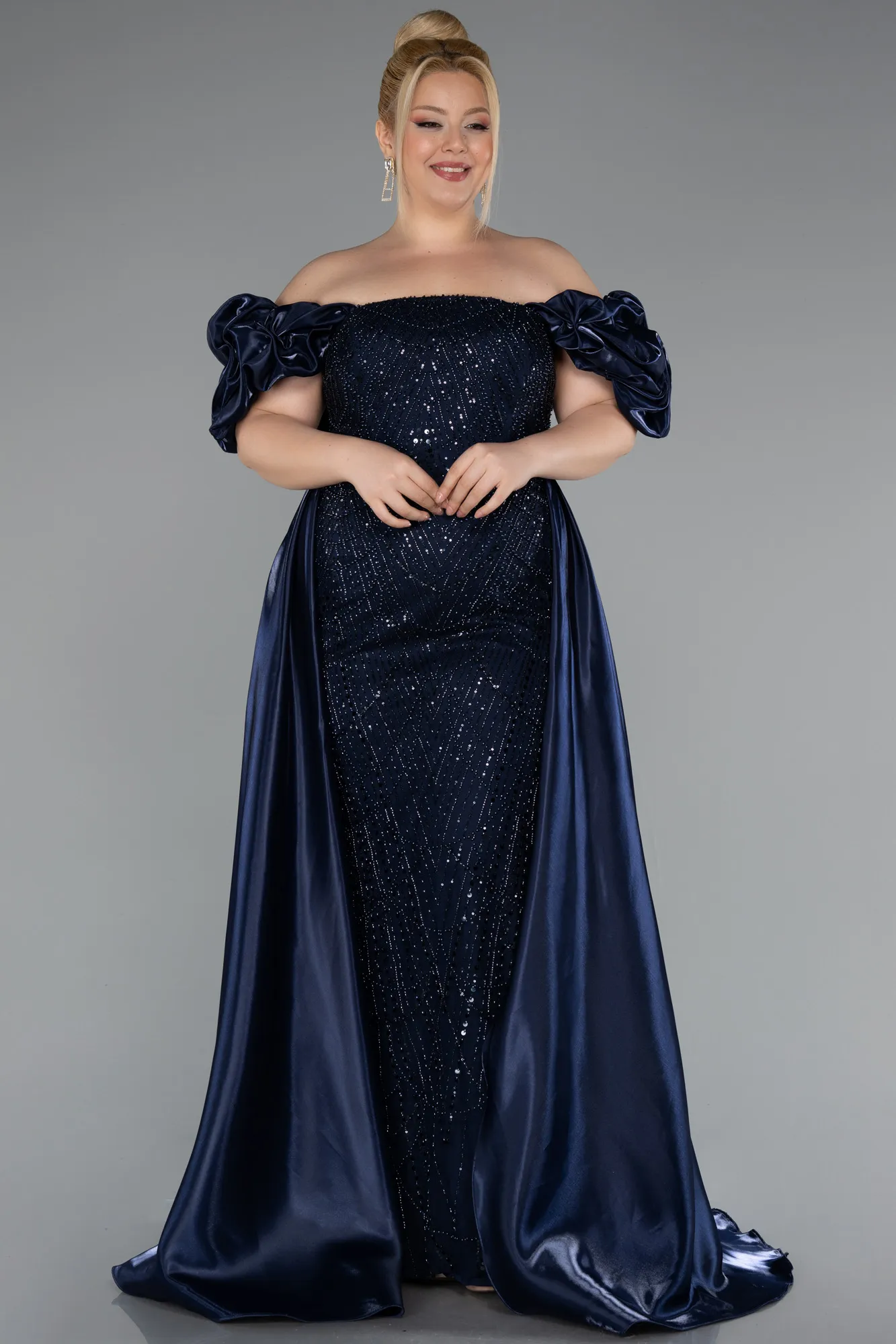 Navy Blue-Long Beaded Plus Size Evening Dress ABU5155