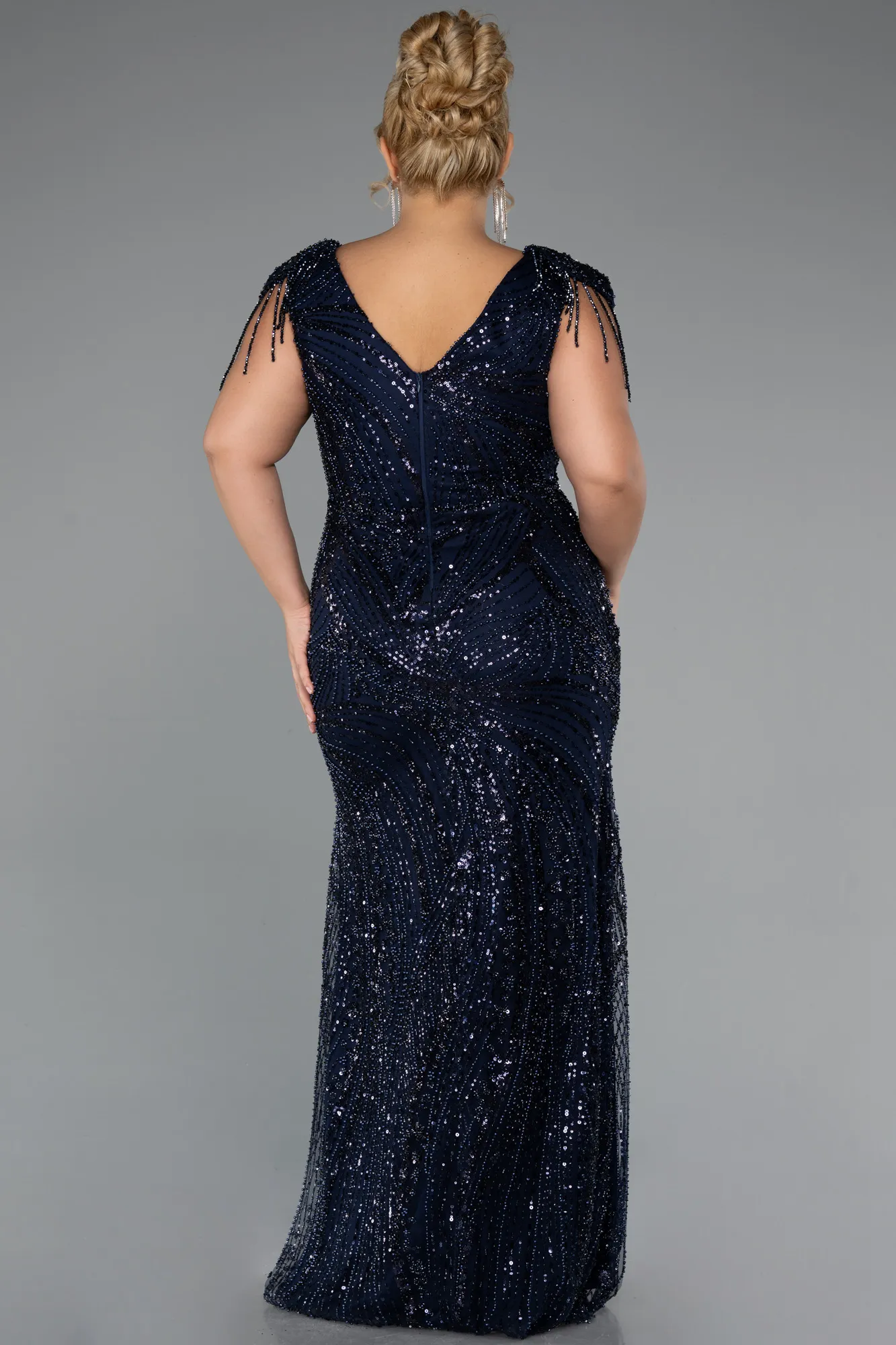 Navy Blue-Long Beaded Plus Size Evening Dress ABU5336