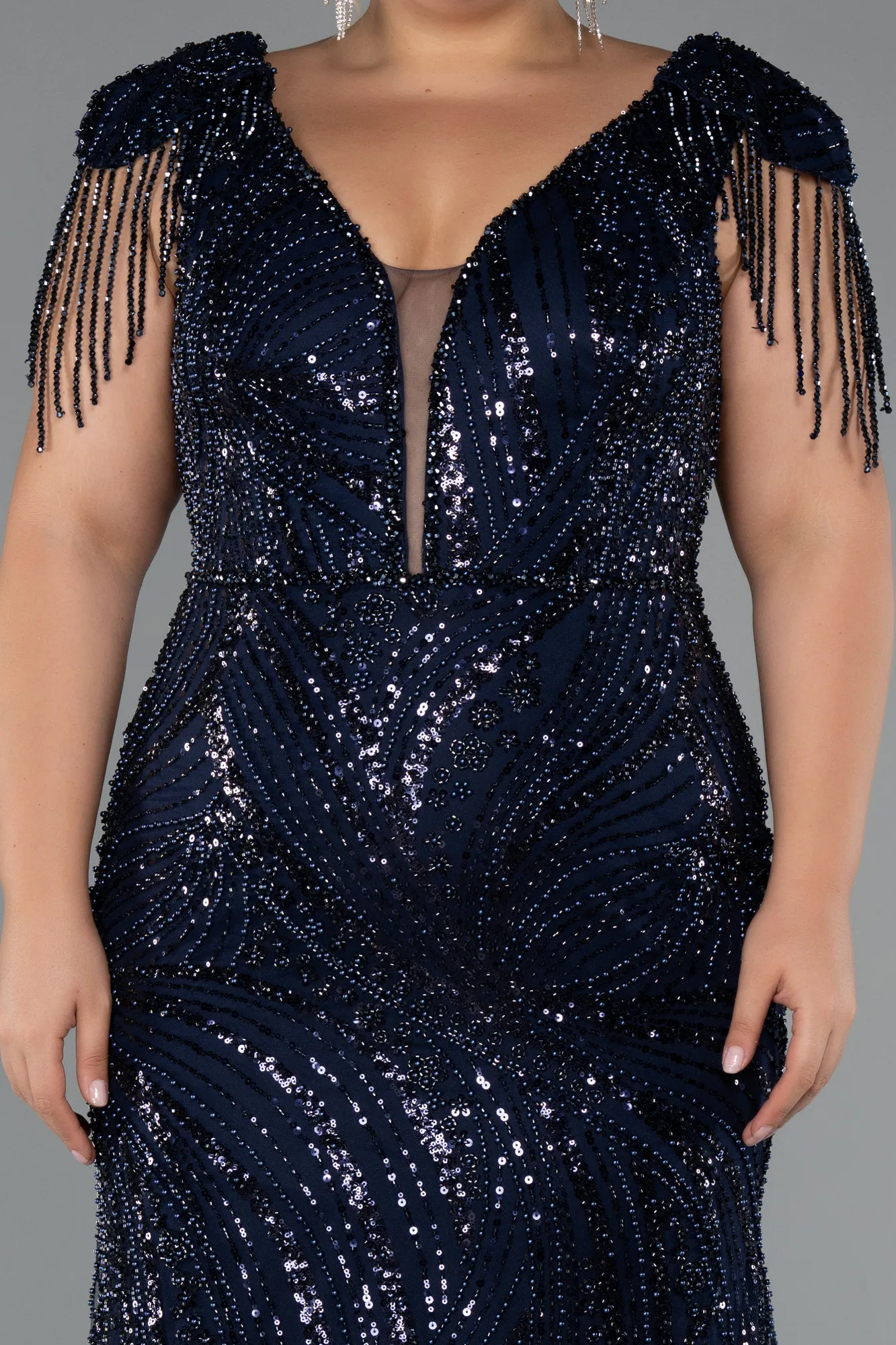Navy Blue-Long Beaded Plus Size Evening Dress ABU5336