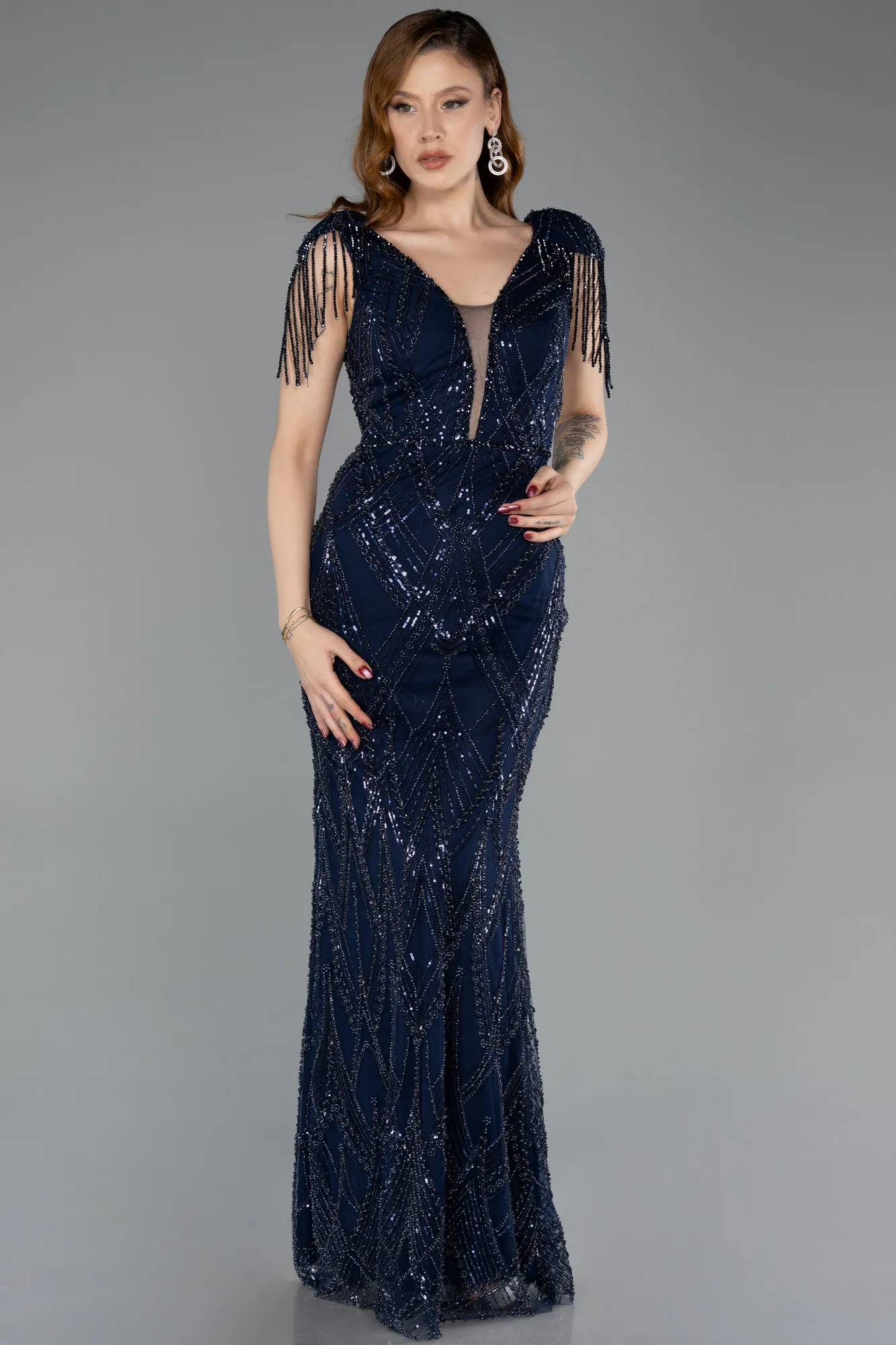 Navy Blue-Long Beaded Plus Size Evening Dress ABU5336