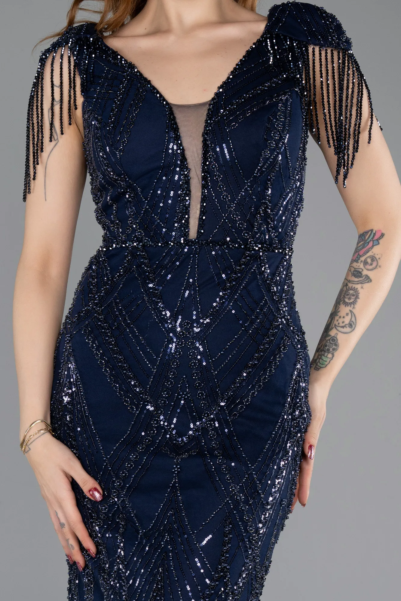 Navy Blue-Long Beaded Plus Size Evening Dress ABU5336