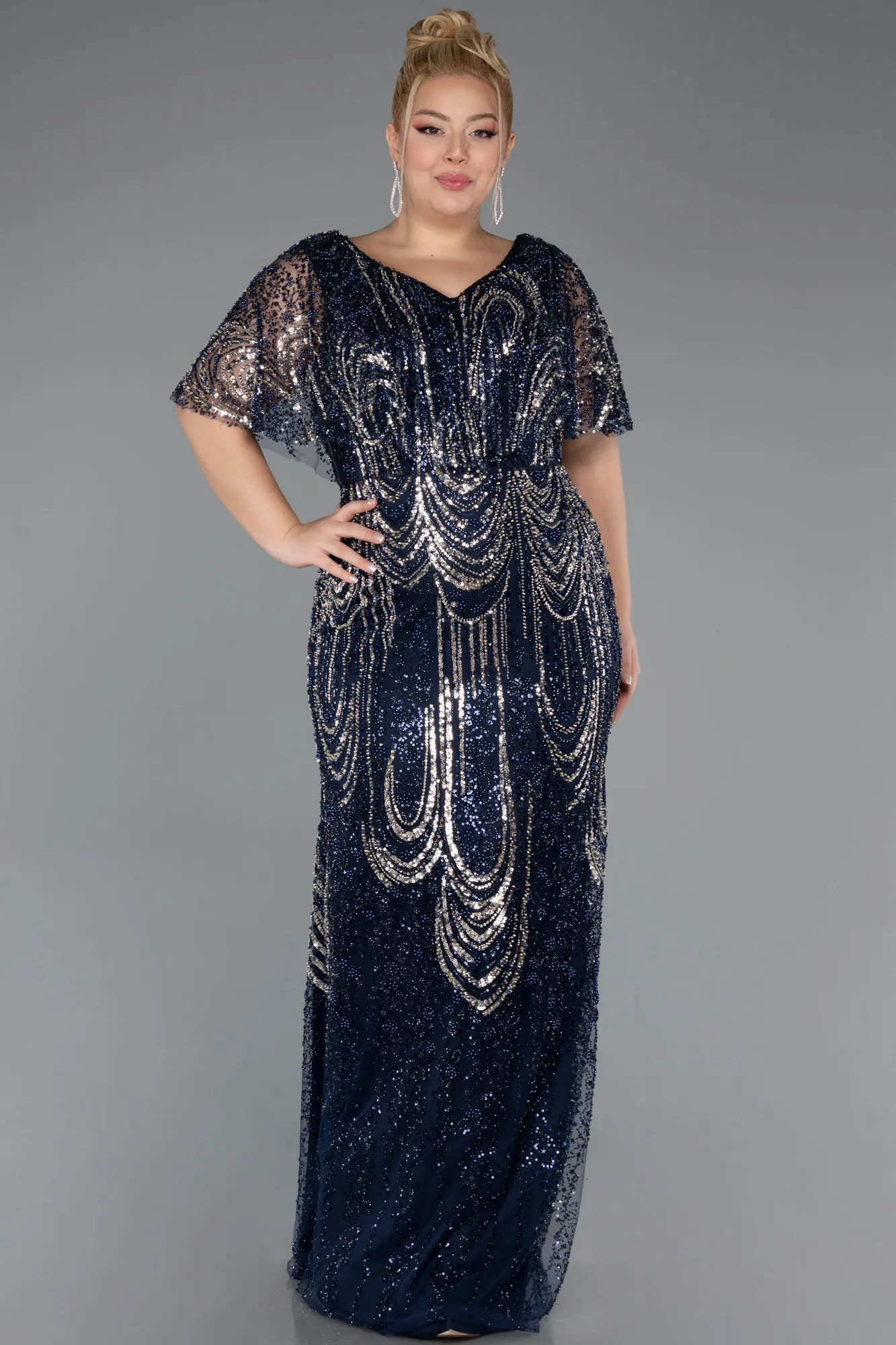 Navy Blue-Long Beaded Plus Size Evening Dress ABU5366