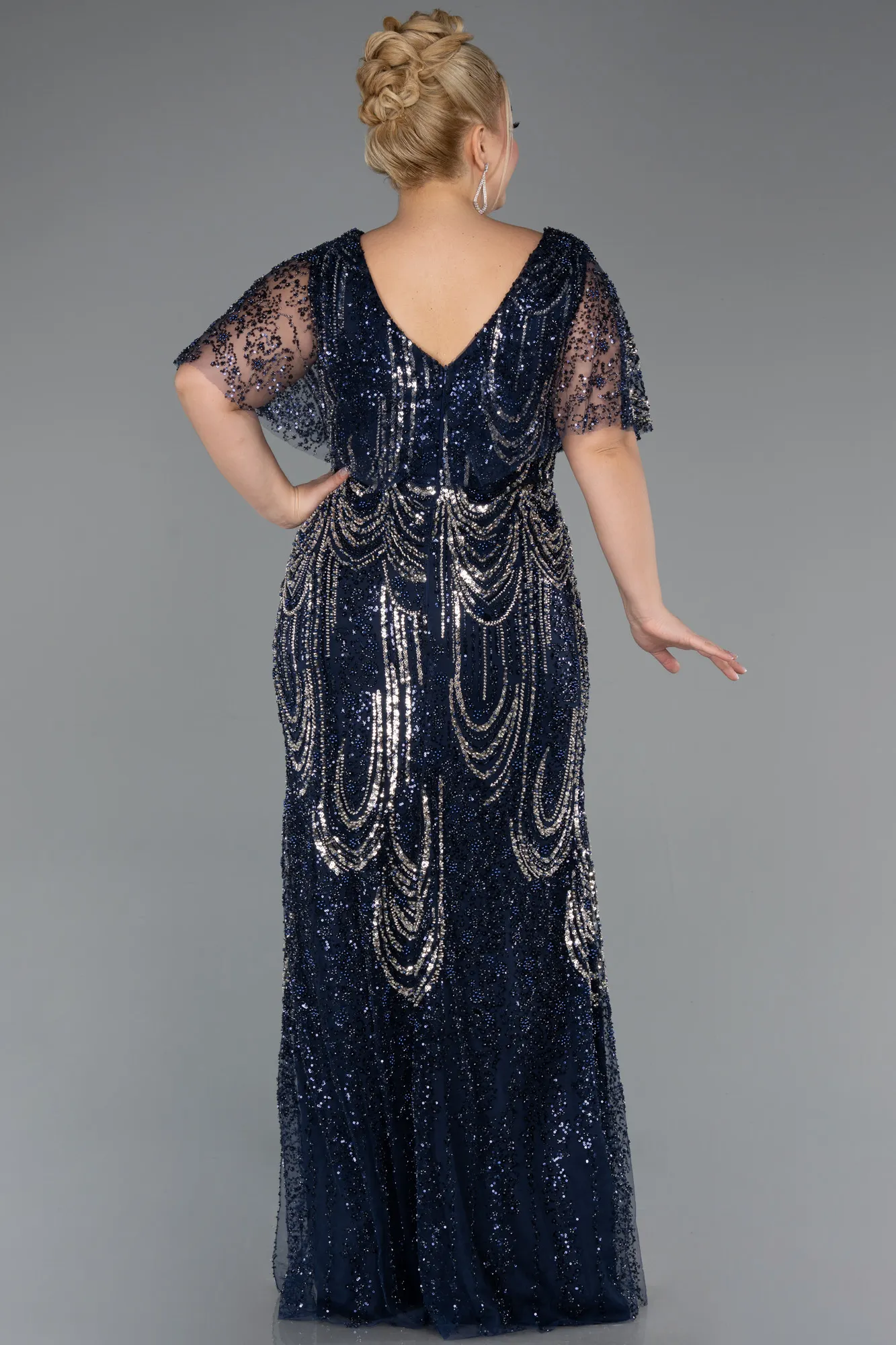 Navy Blue-Long Beaded Plus Size Evening Dress ABU5366