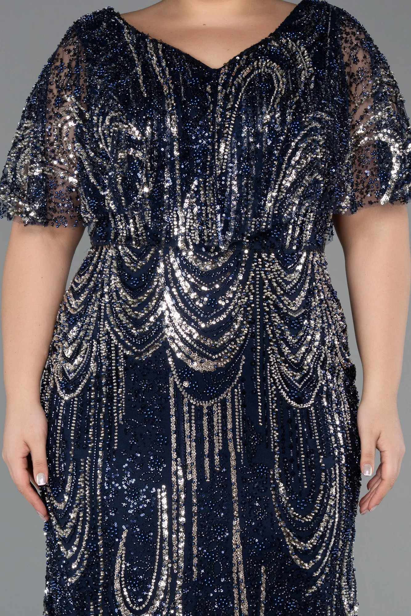 Navy Blue-Long Beaded Plus Size Evening Dress ABU5366