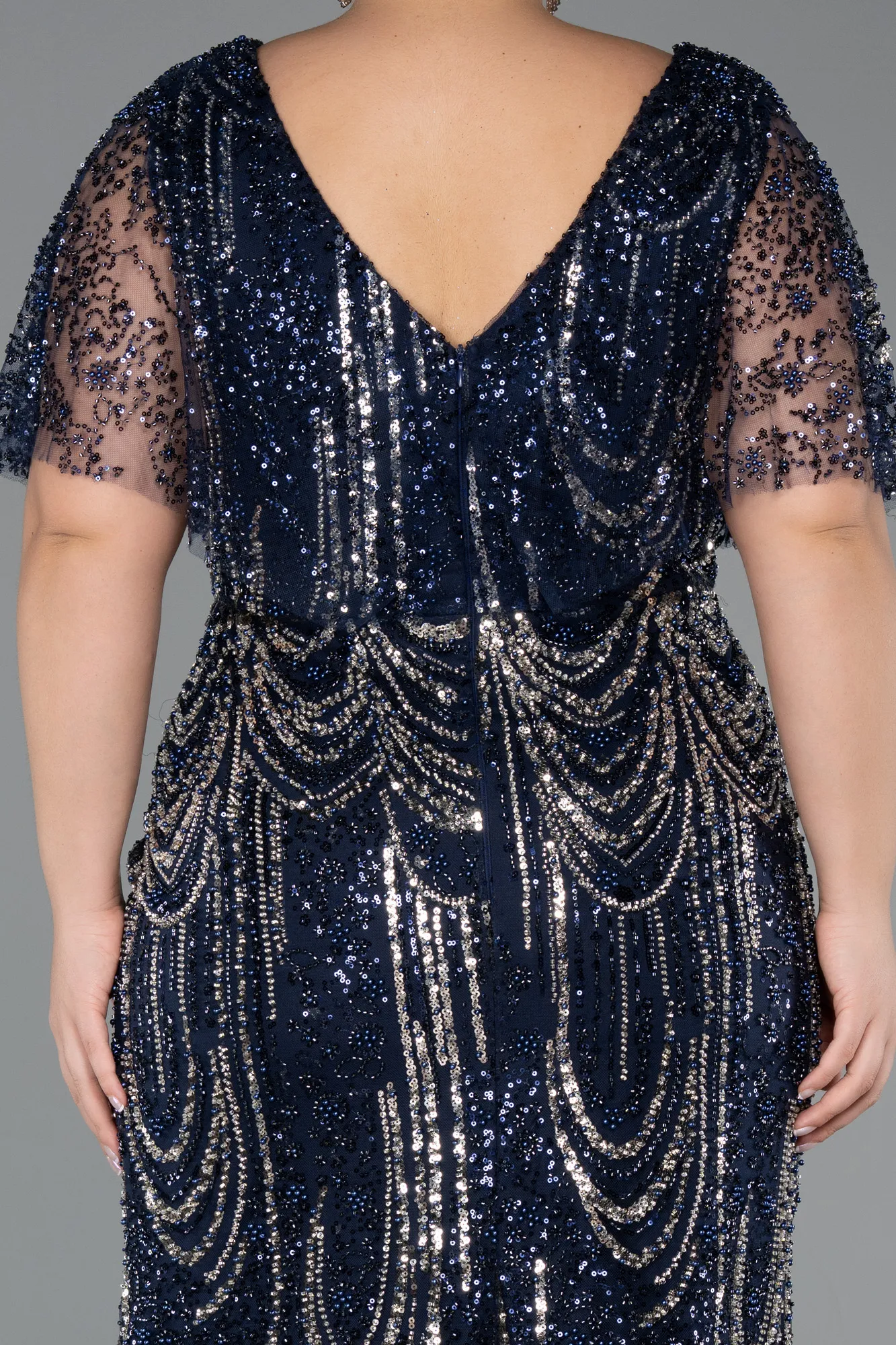 Navy Blue-Long Beaded Plus Size Evening Dress ABU5366