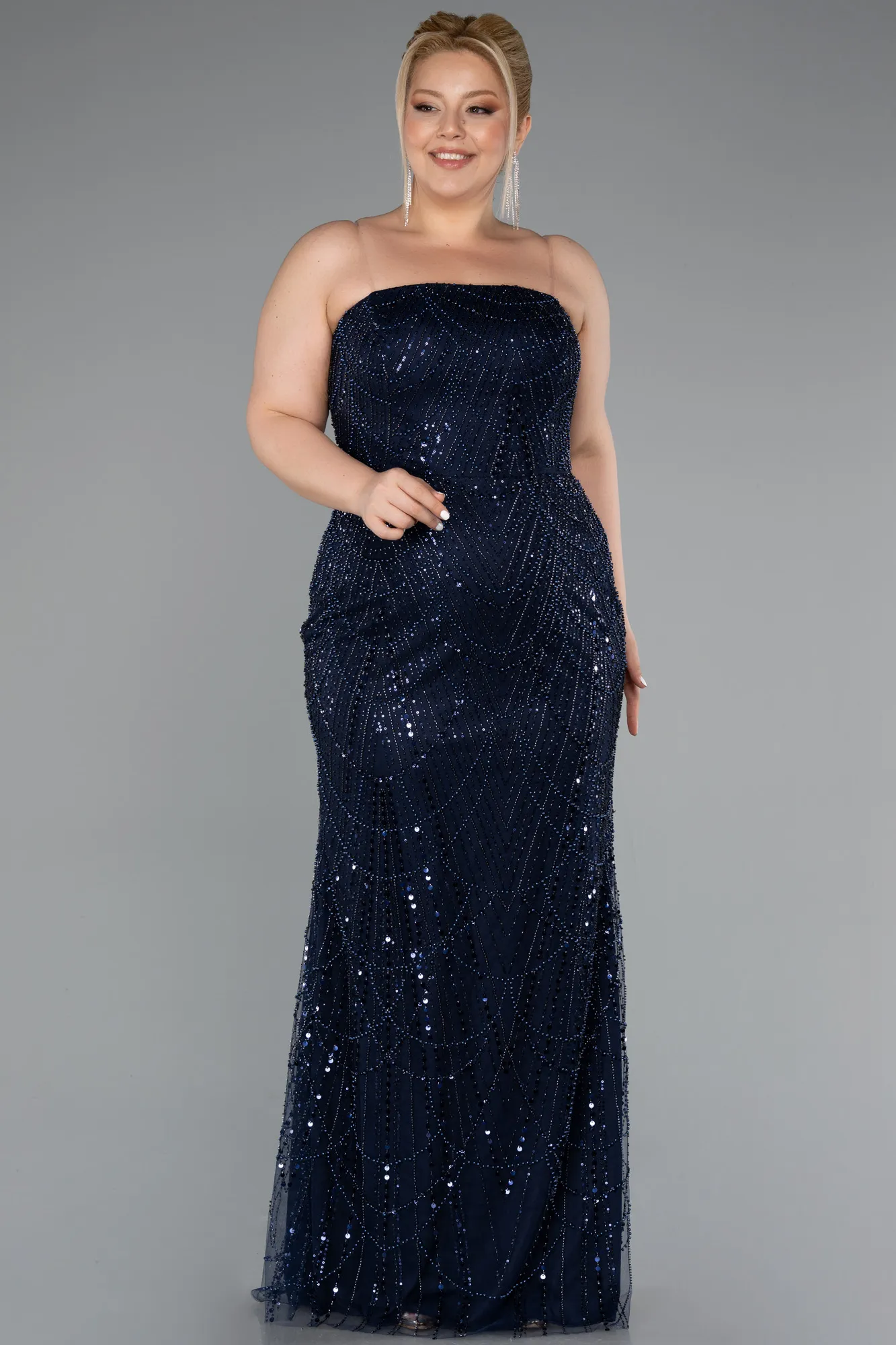 Navy Blue-Long Beaded Plus Size Evening Gown ABU5010