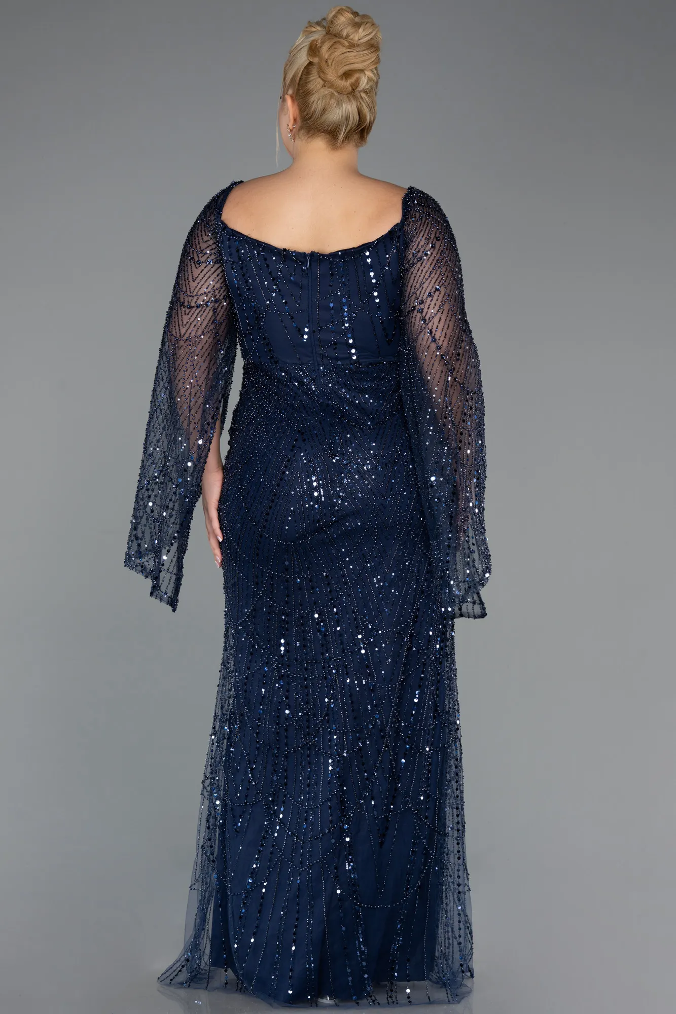 Navy Blue-Long Beaded Plus Size Evening Gown ABU5067