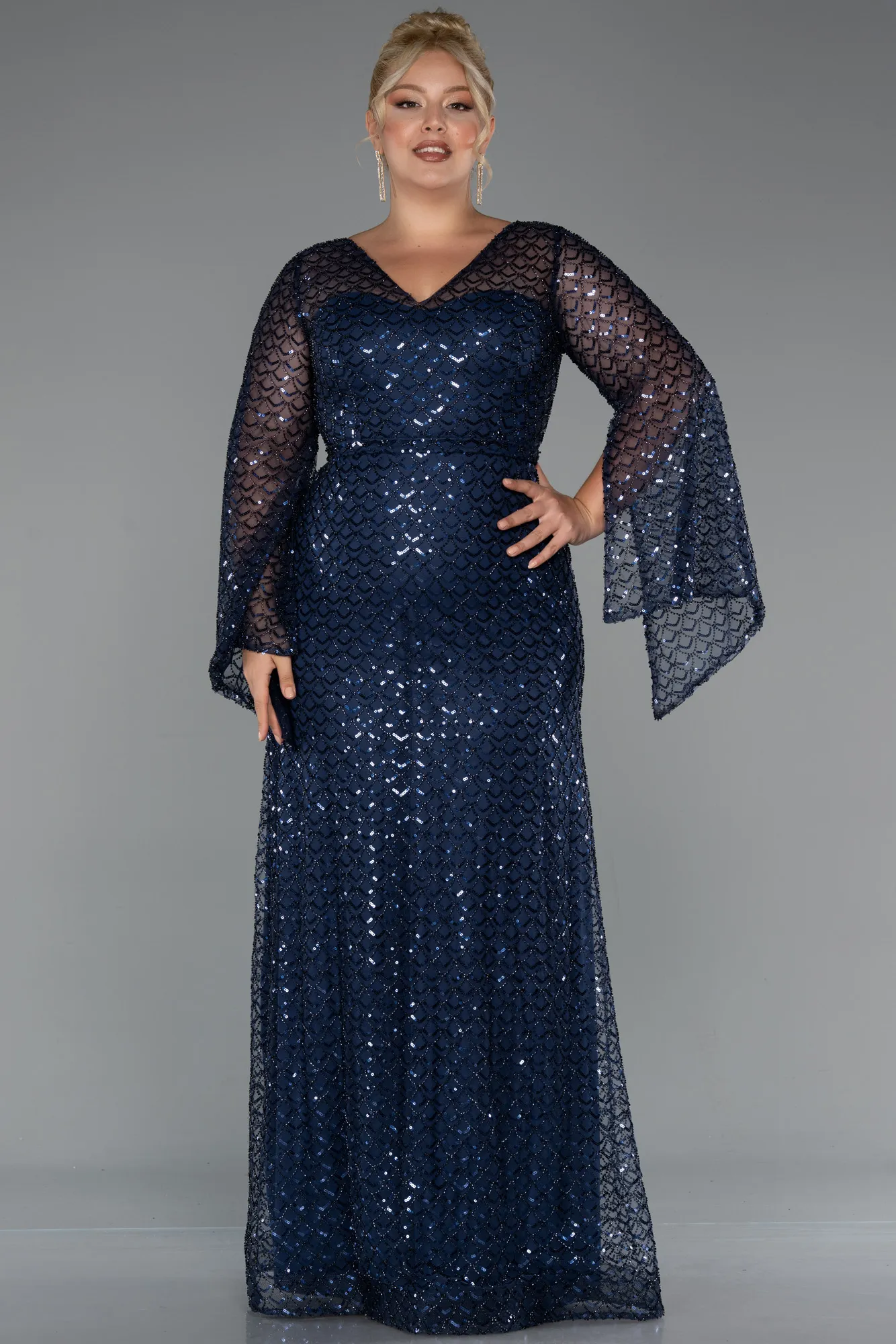 Navy Blue-Long Beaded Plus Size Evening Gown ABU5243