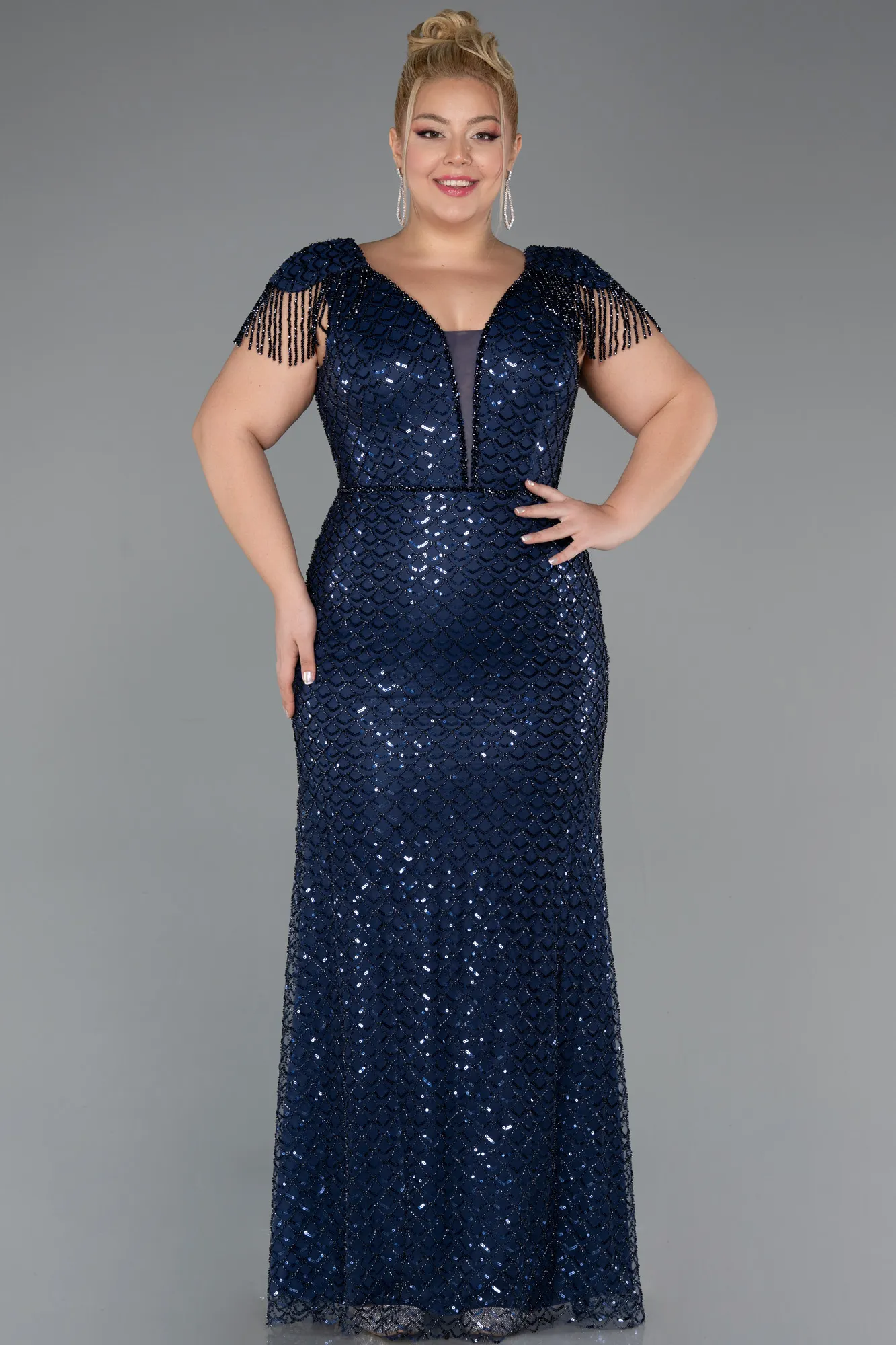 Navy Blue-Long Beaded Plus Size Evening Gown ABU5367