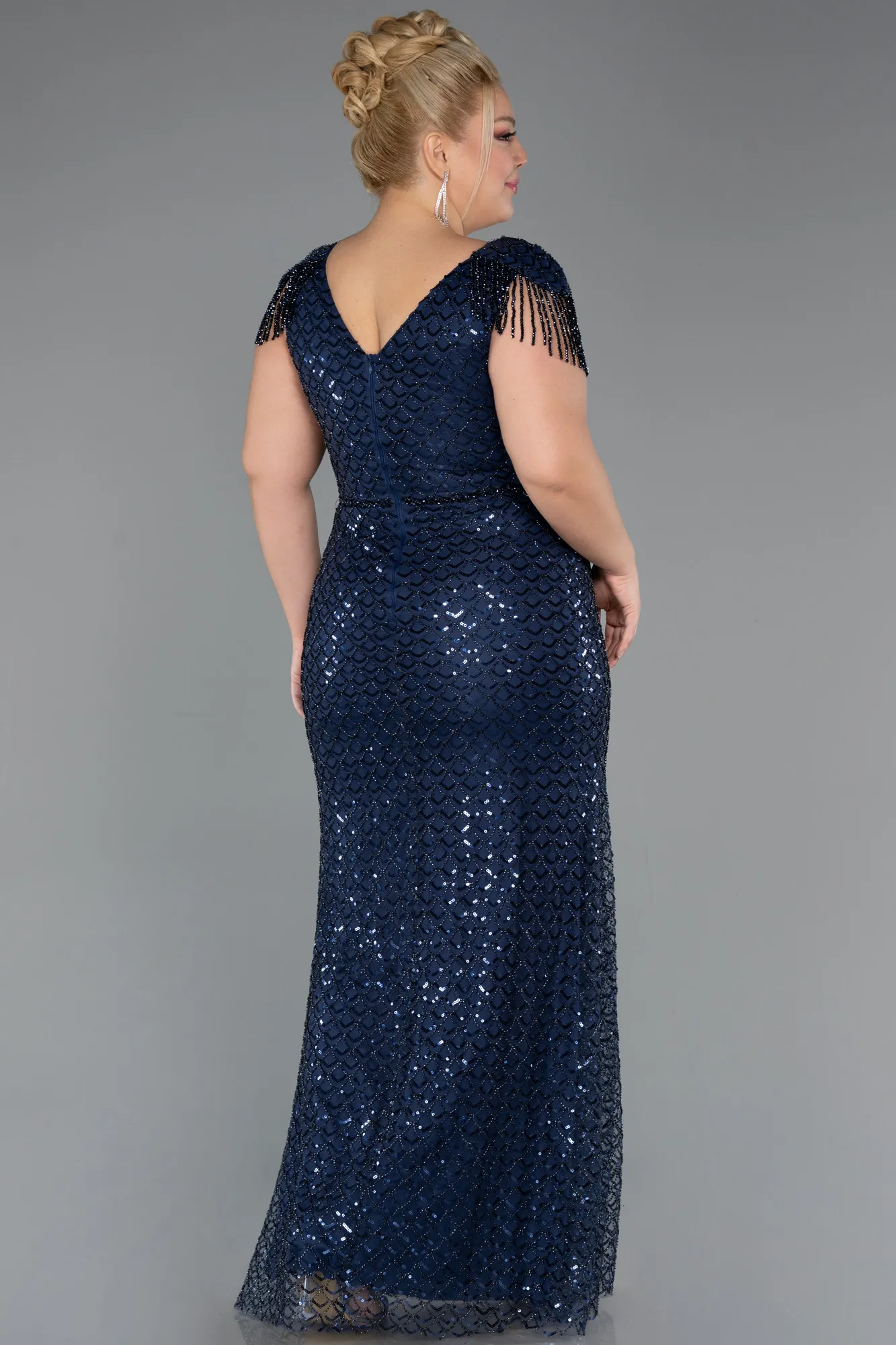Navy Blue-Long Beaded Plus Size Evening Gown ABU5367