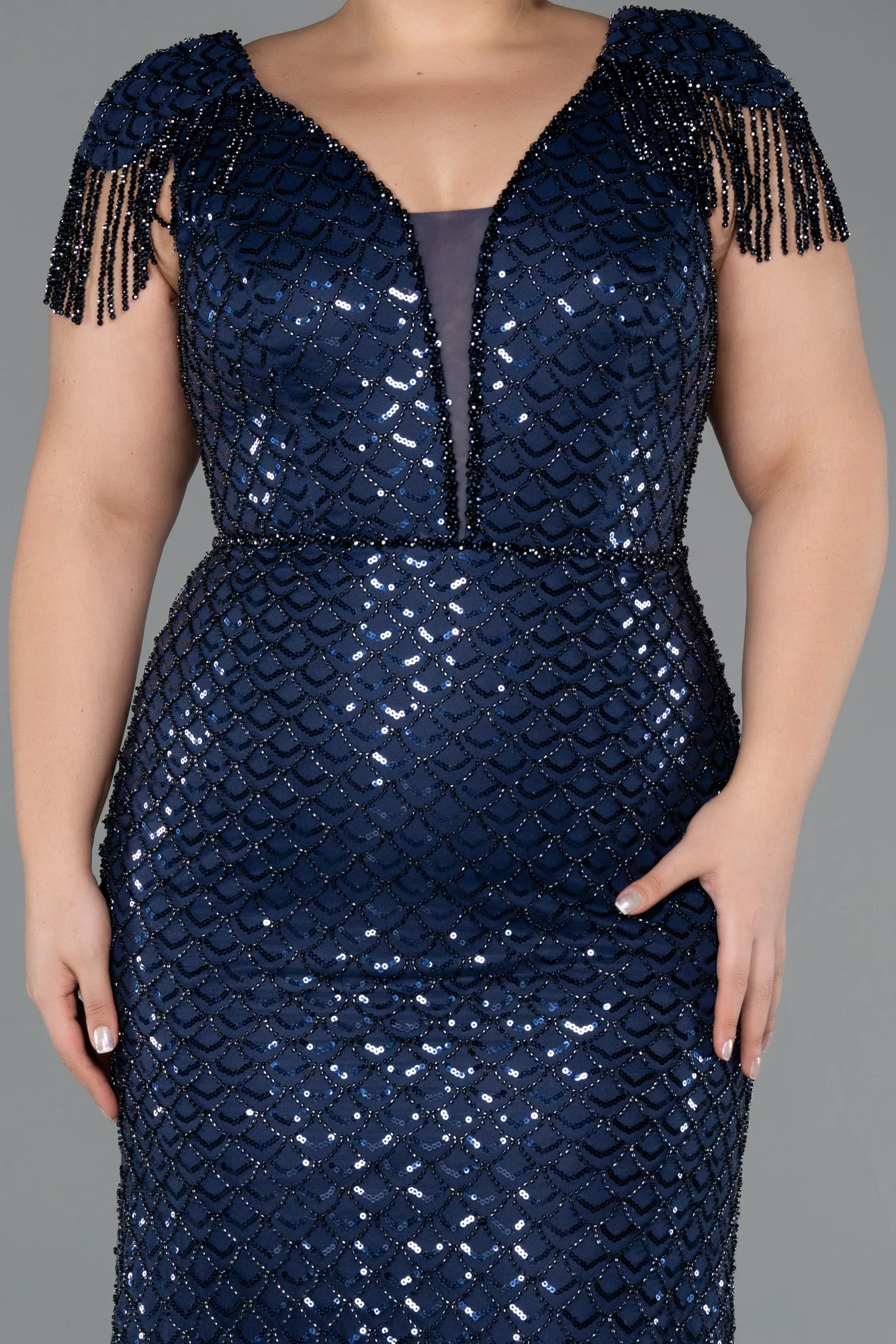 Navy Blue-Long Beaded Plus Size Evening Gown ABU5367