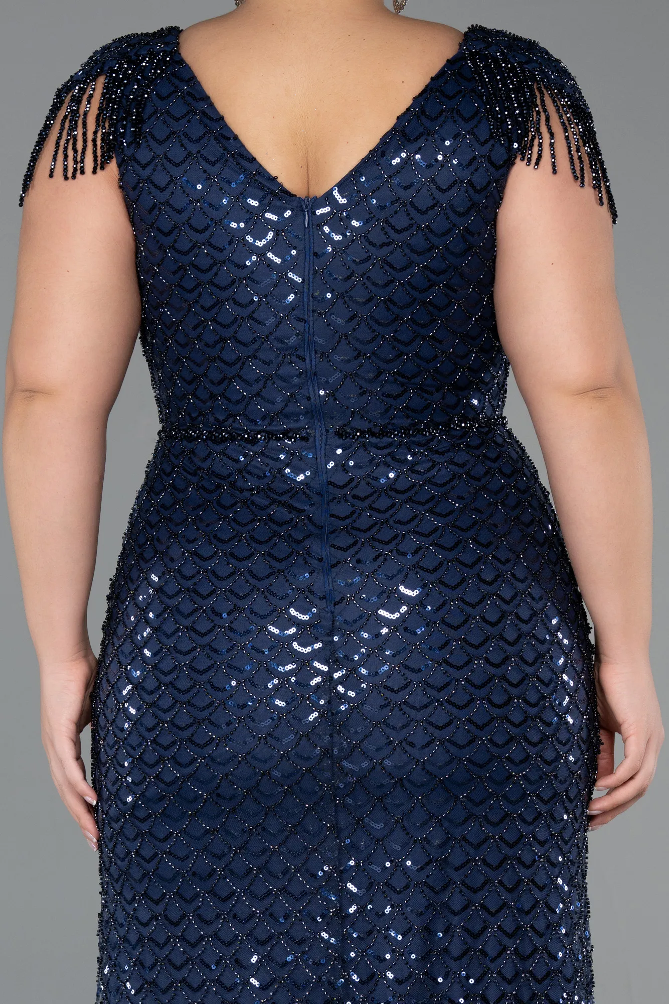 Navy Blue-Long Beaded Plus Size Evening Gown ABU5367