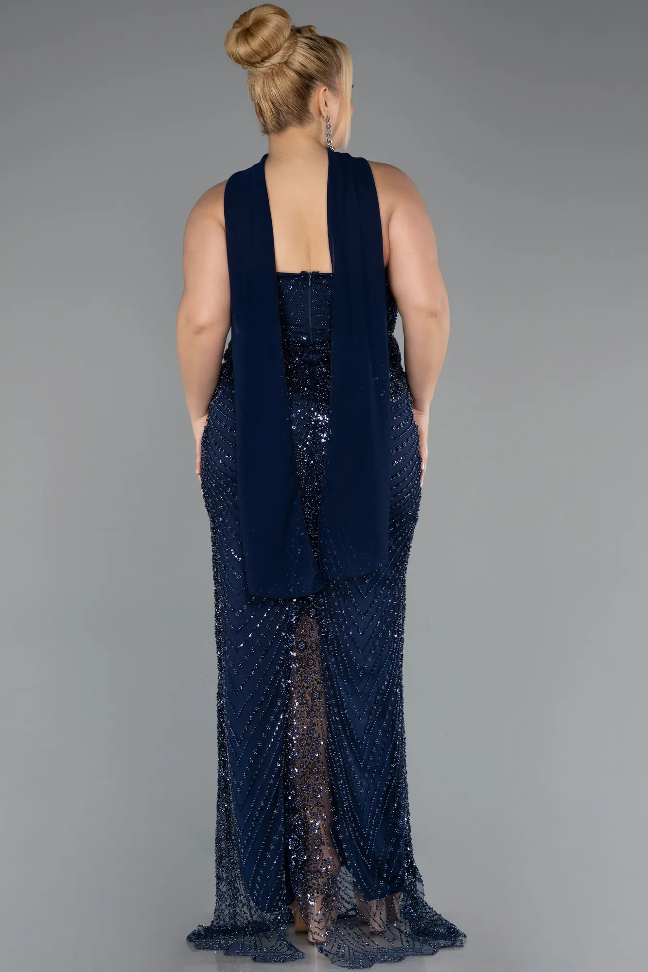 Navy Blue-Long Beaded Plus Size Evening Gown ABU5495