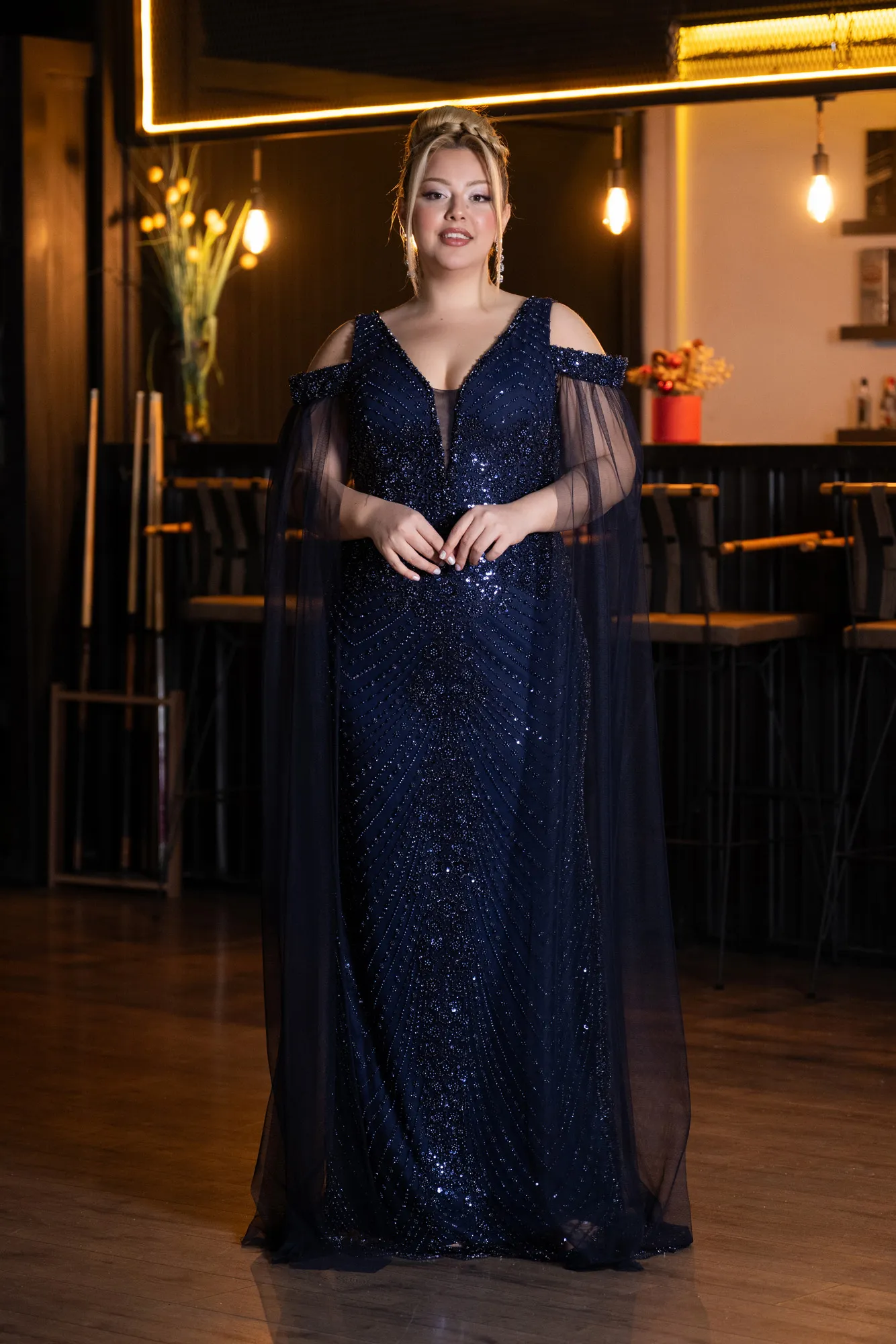 Navy Blue-Long Beaded Plus Size Evening Gown ABU5498