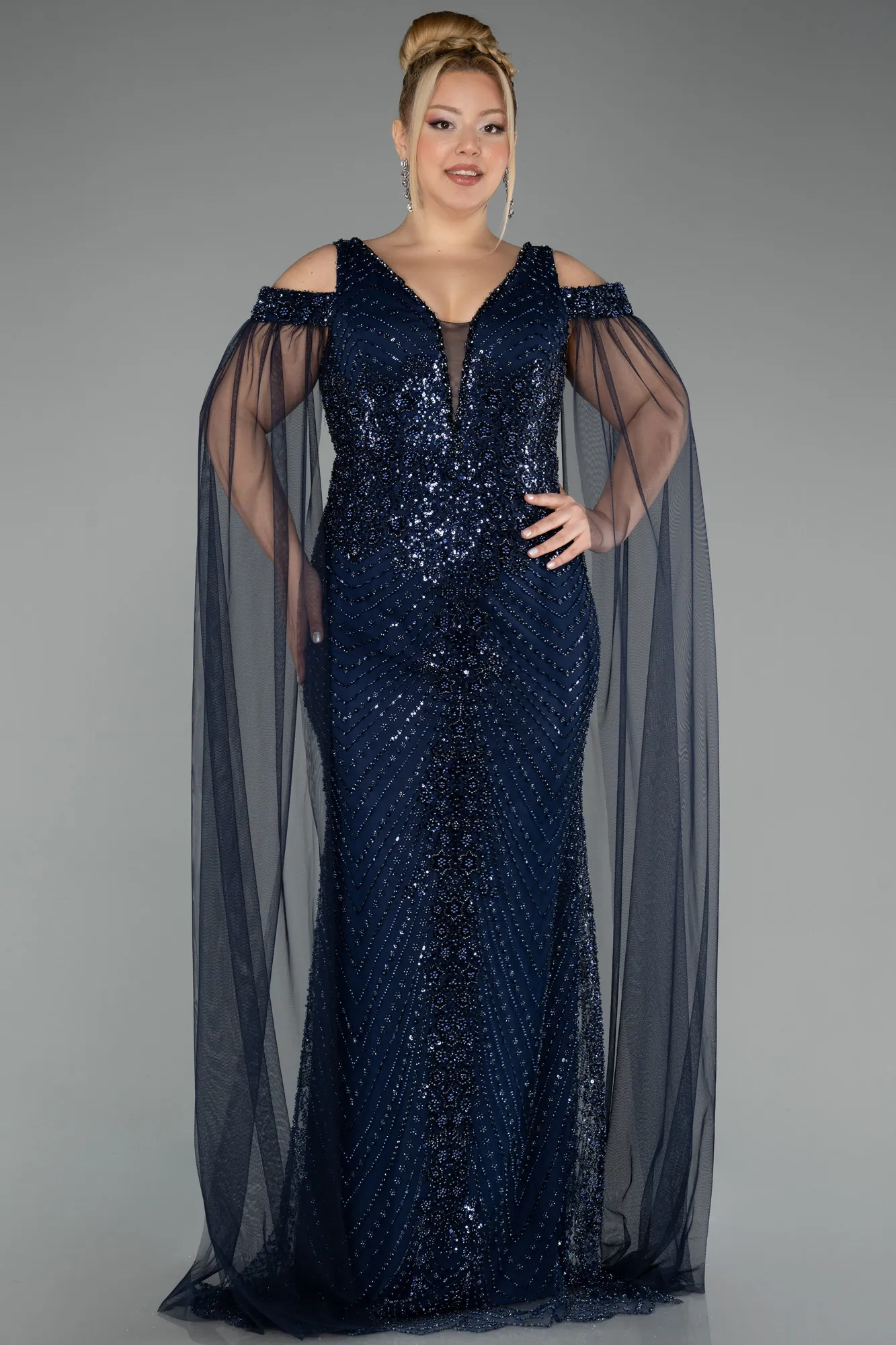Navy Blue-Long Beaded Plus Size Evening Gown ABU5498