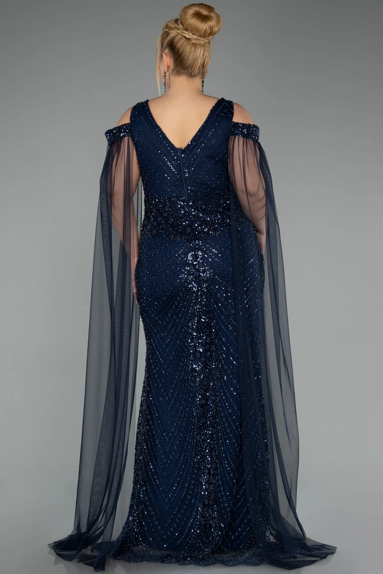 Navy Blue-Long Beaded Plus Size Evening Gown ABU5498
