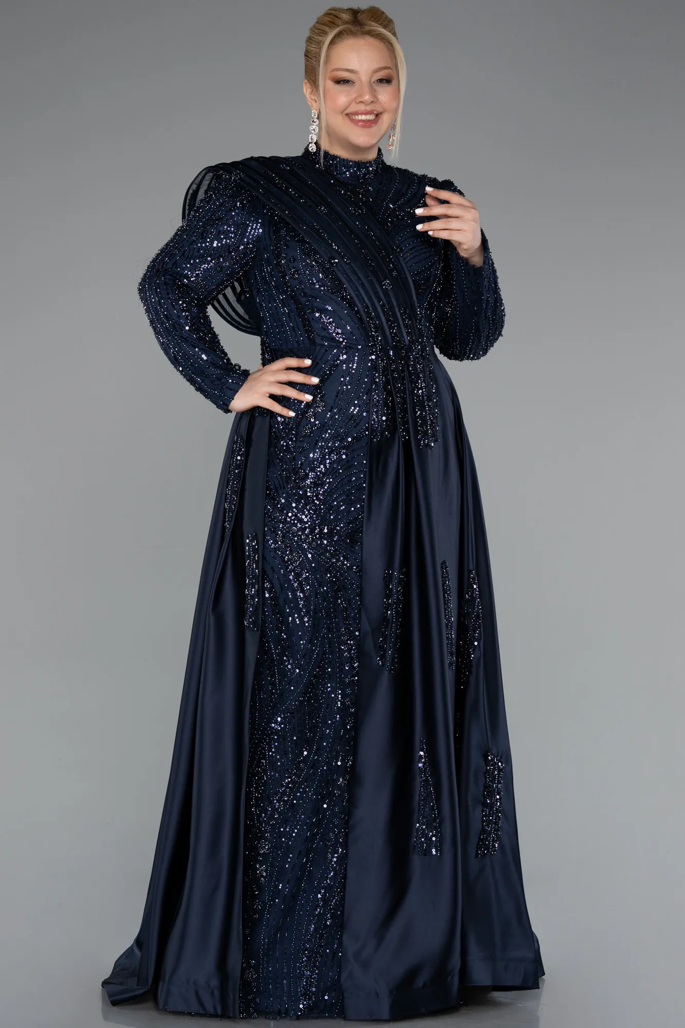 Navy Blue-Long Beaded Plus Size Hijab Dress ABU5083
