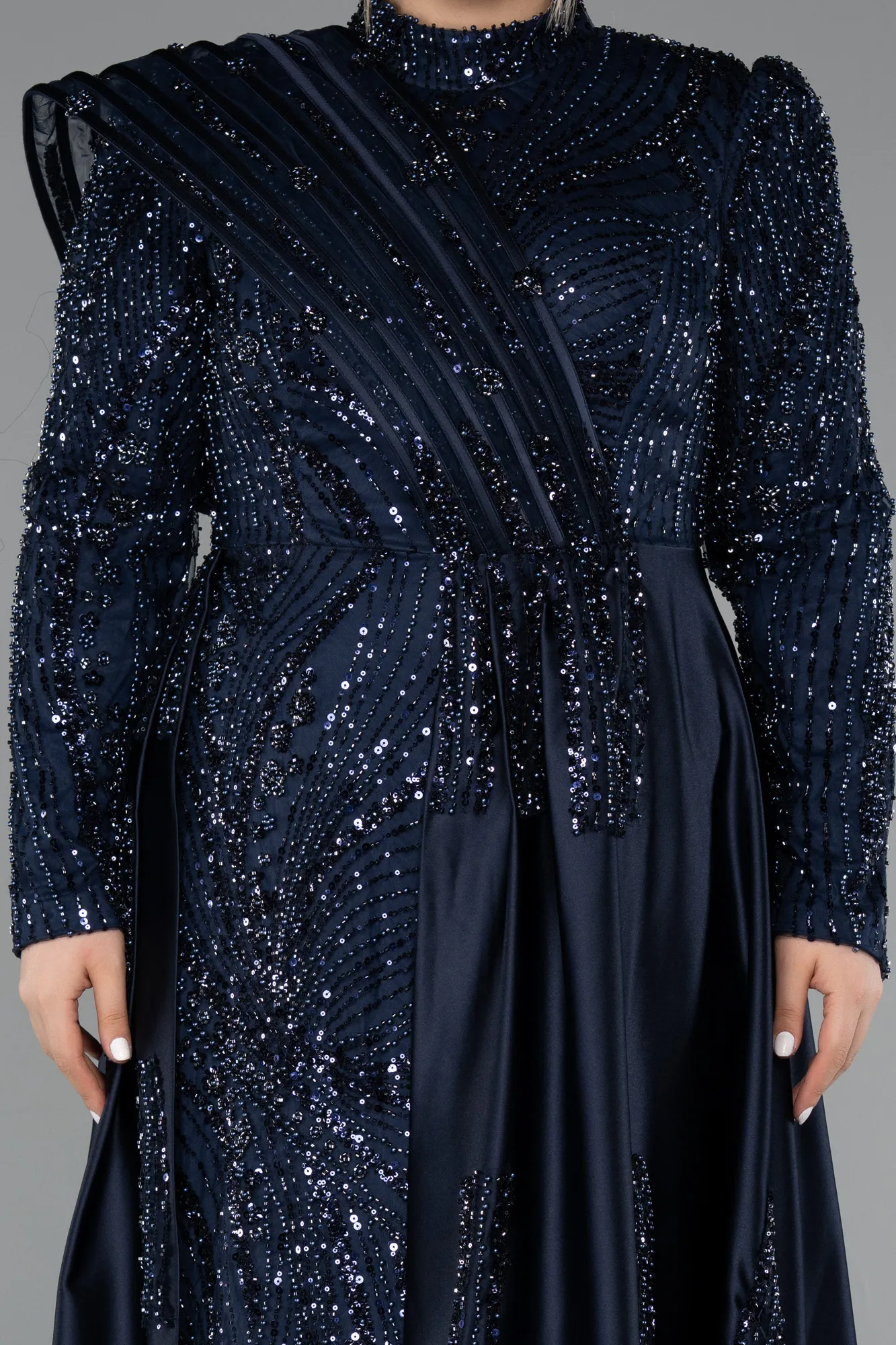 Navy Blue-Long Beaded Plus Size Hijab Dress ABU5083