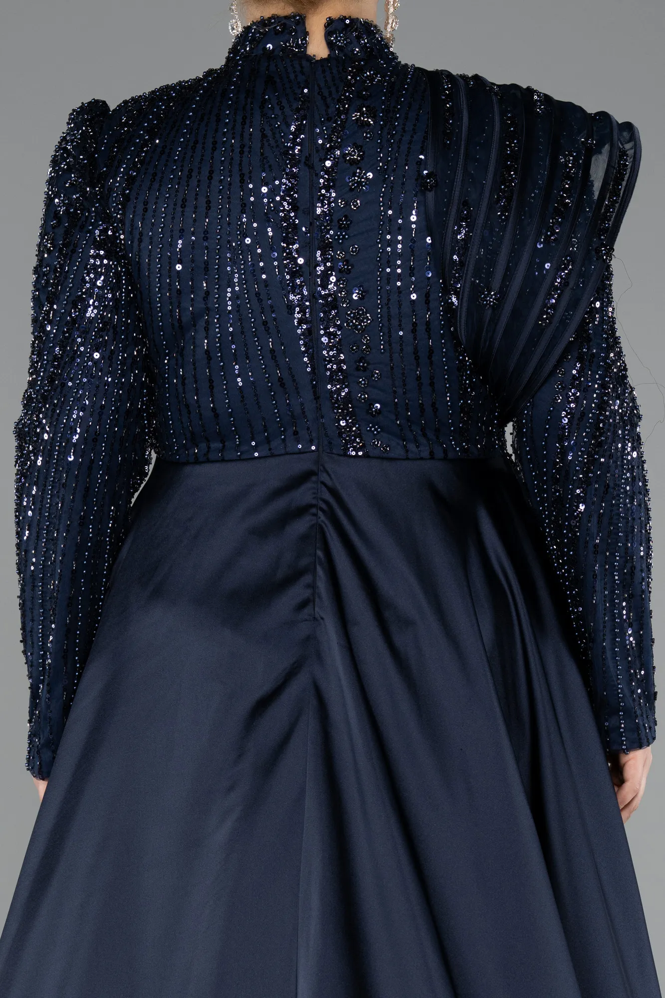 Navy Blue-Long Beaded Plus Size Hijab Dress ABU5083