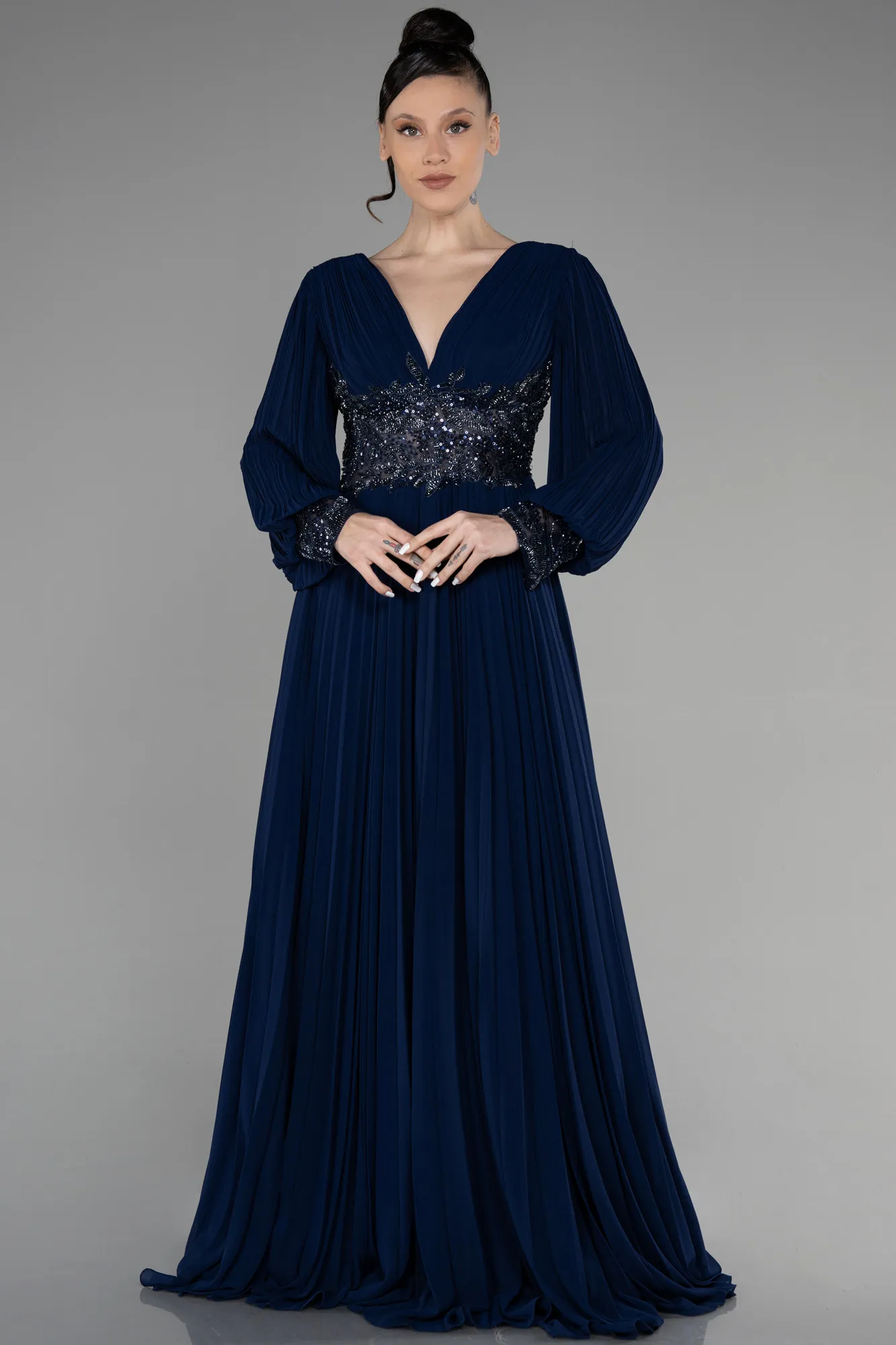 Navy Blue-Long Chiffon Evening Dress ABU2183