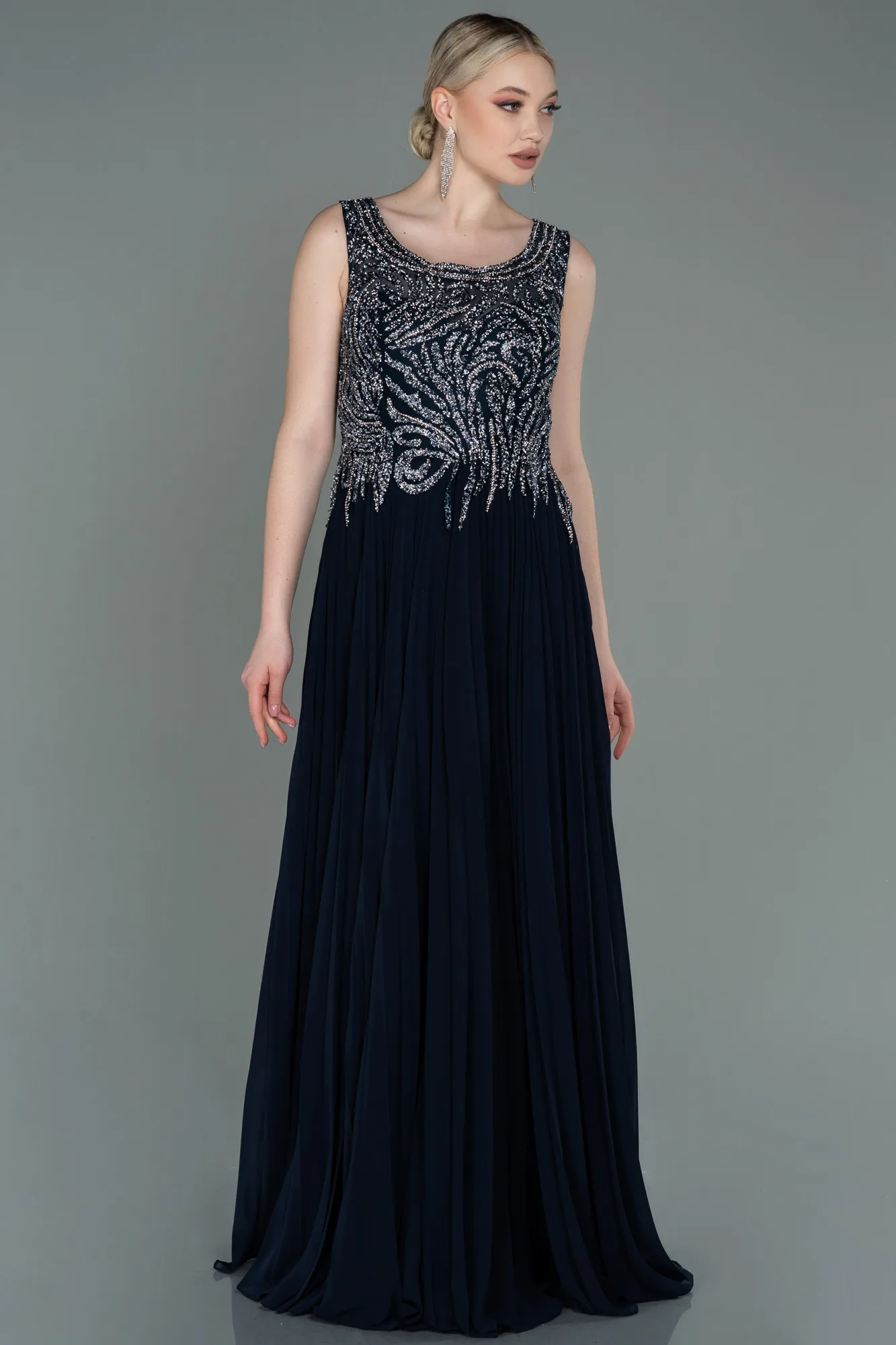 Navy Blue-Long Chiffon Evening Dress ABU3142