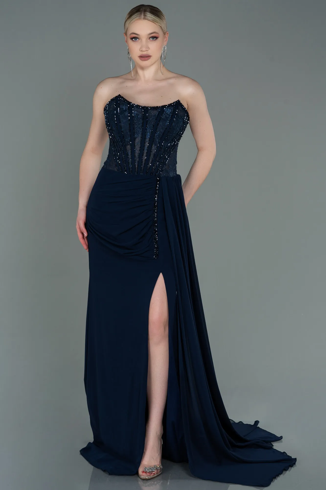Navy Blue-Long Chiffon Evening Dress ABU3145