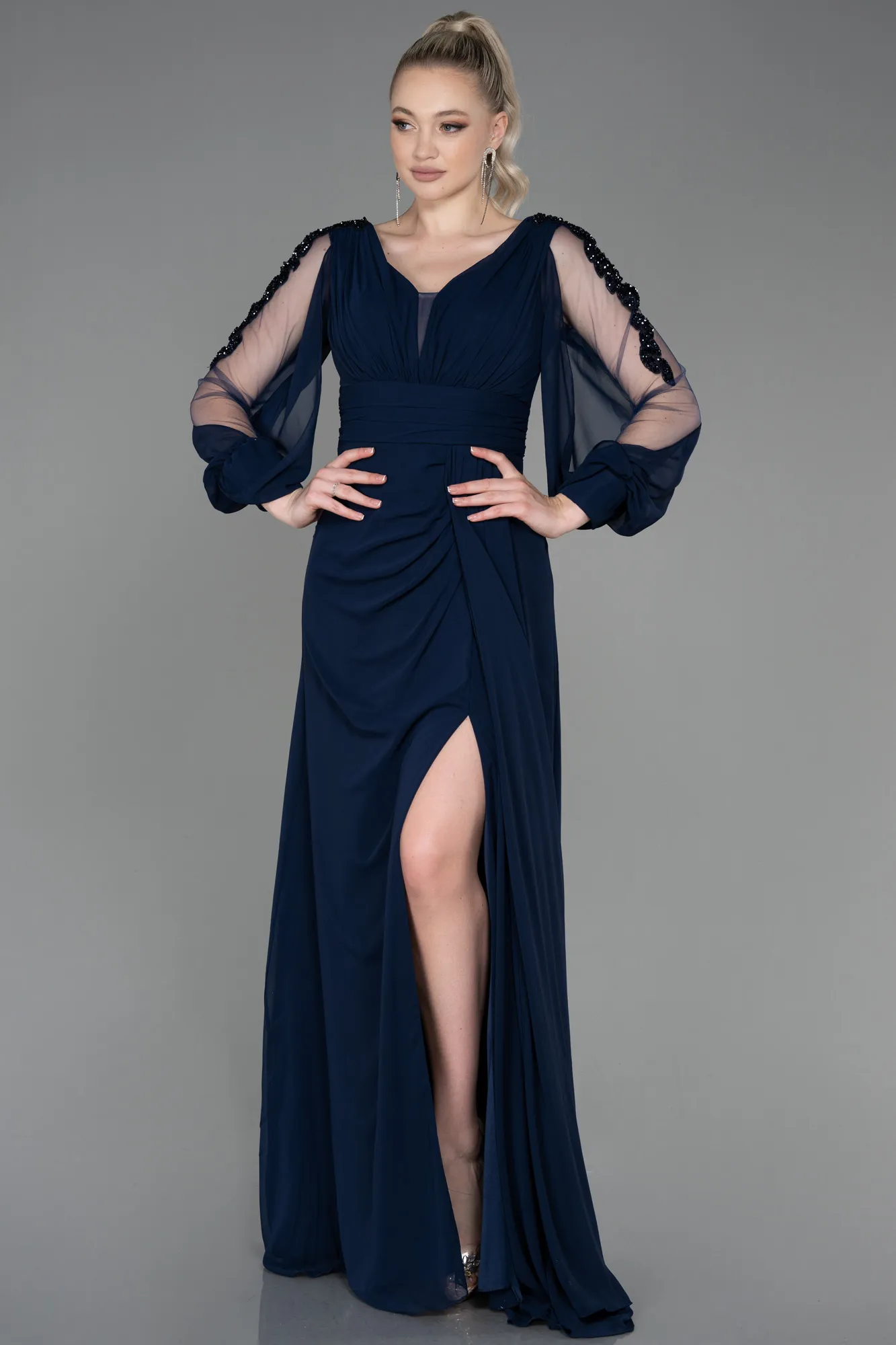 Navy Blue-Long Chiffon Evening Dress ABU3220