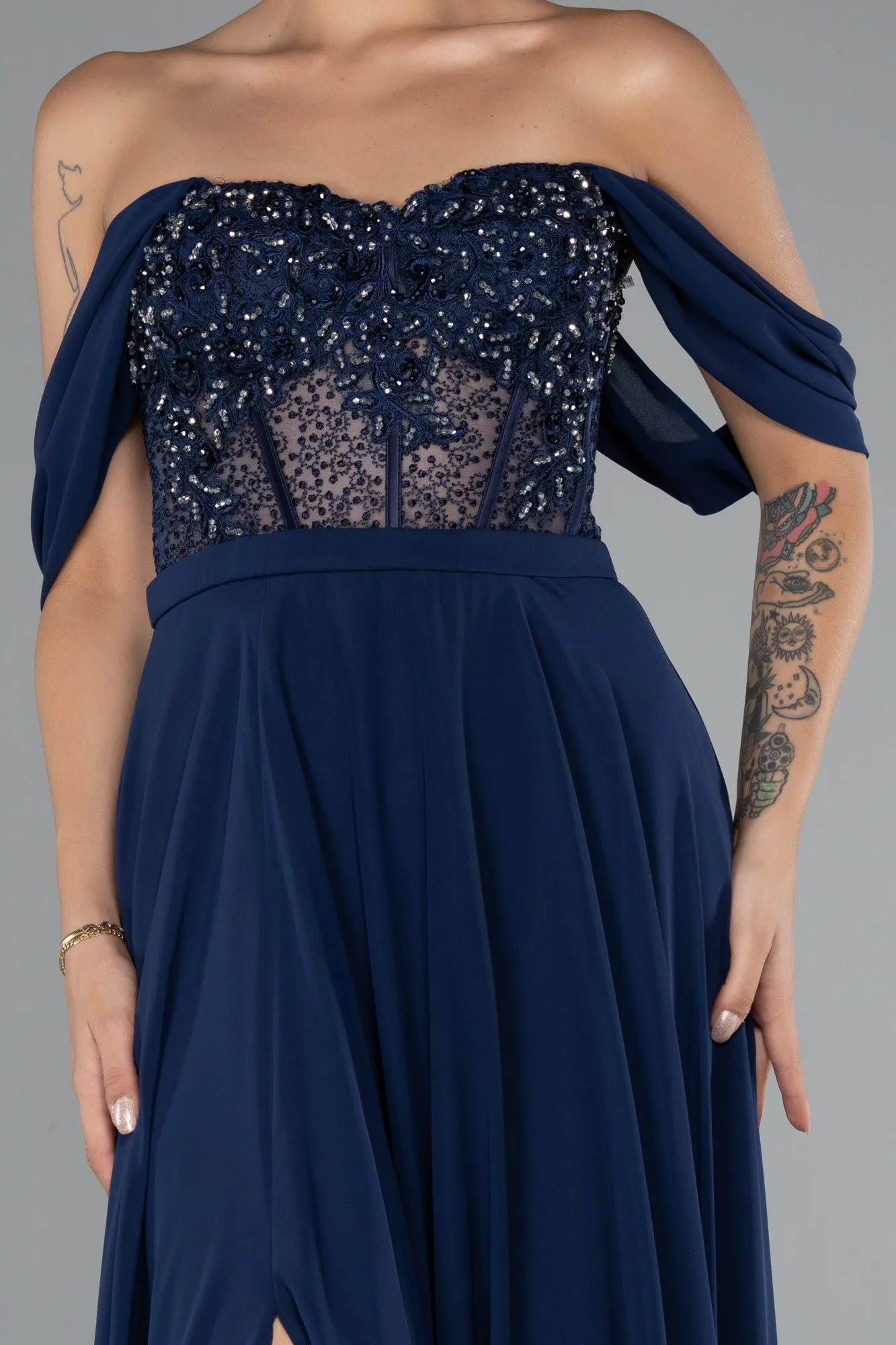 Navy Blue-Long Chiffon Evening Dress ABU3310