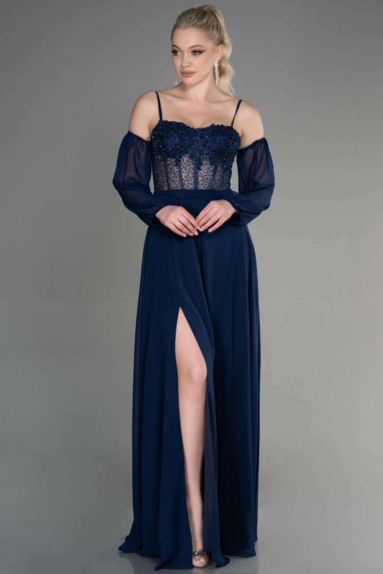 Navy Blue-Long Chiffon Evening Dress ABU3625