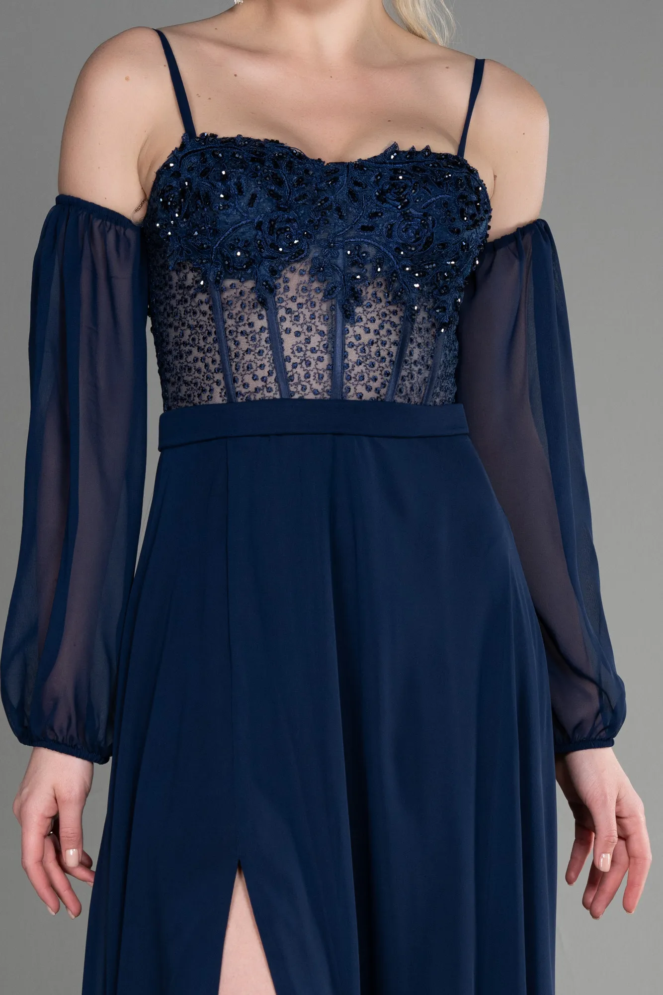 Navy Blue-Long Chiffon Evening Dress ABU3625