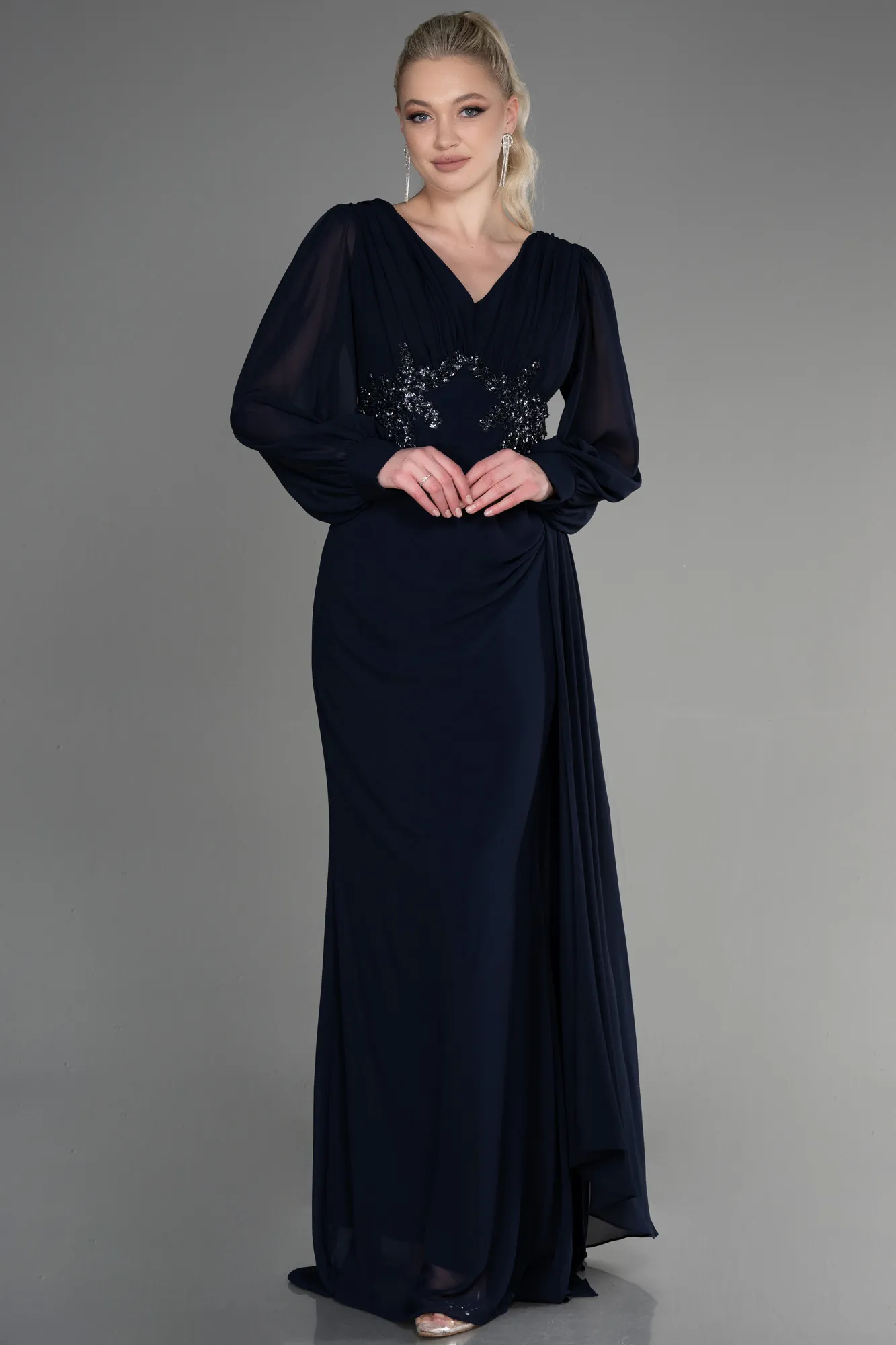 Navy Blue-Long Chiffon Evening Dress ABU3627