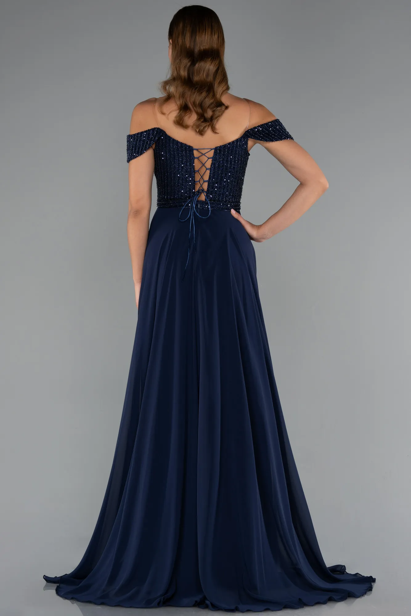 Navy Blue-Long Chiffon Evening Dress ABU5225