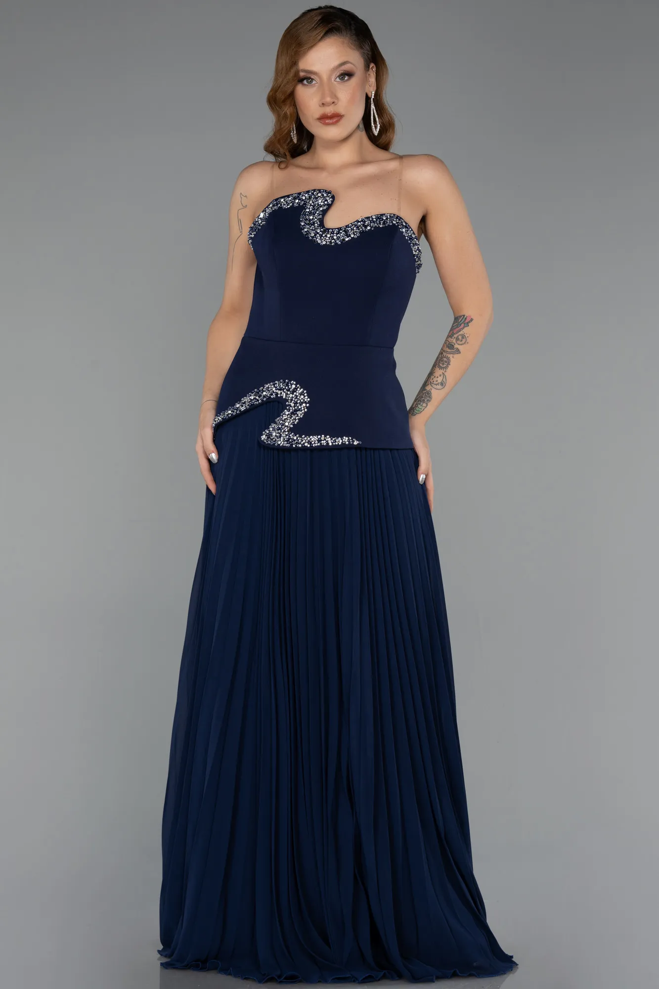 Navy Blue-Long Chiffon Evening Dress ABU5406