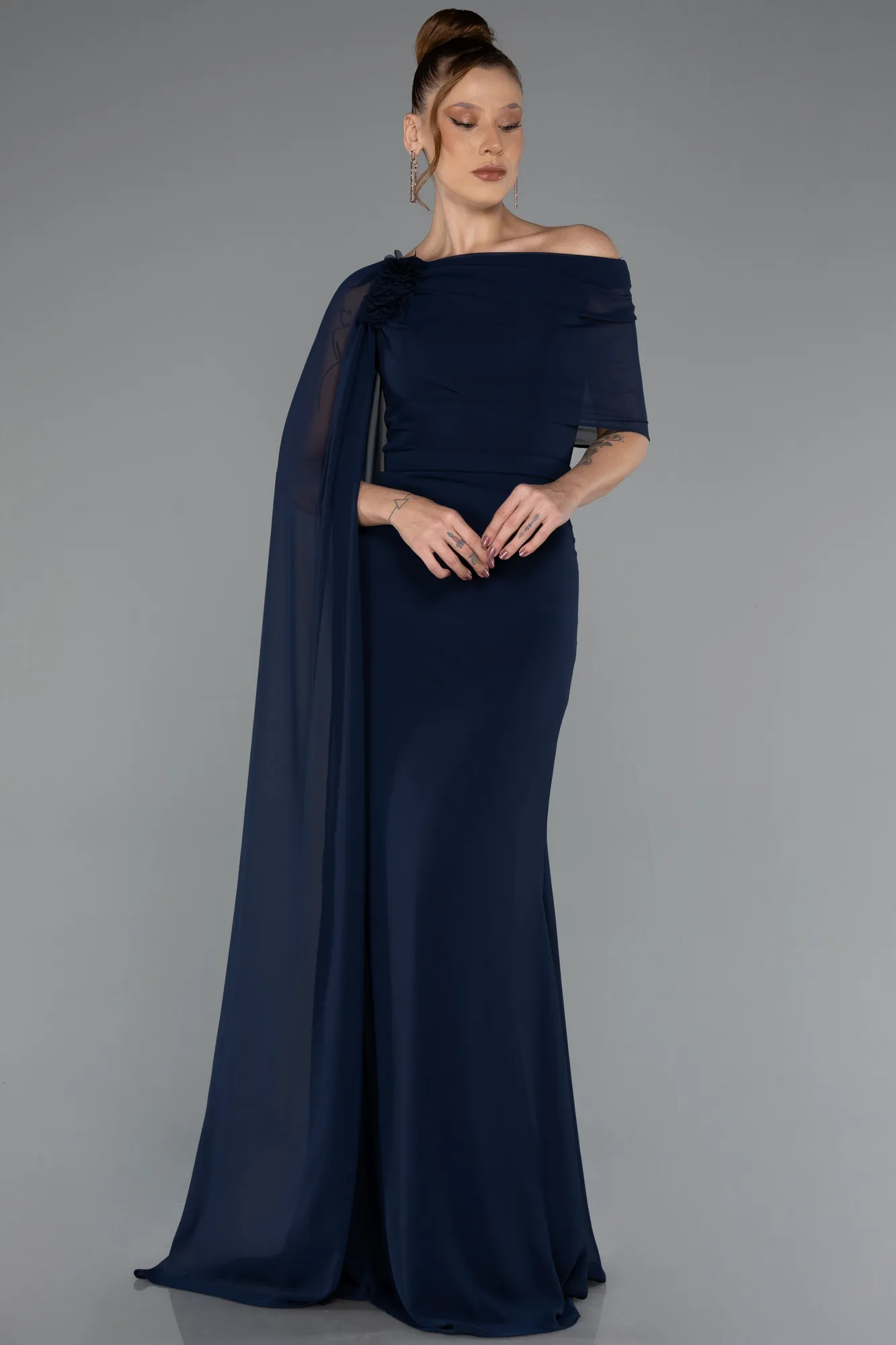 Navy Blue-Long Chiffon Evening Dress ABU5418